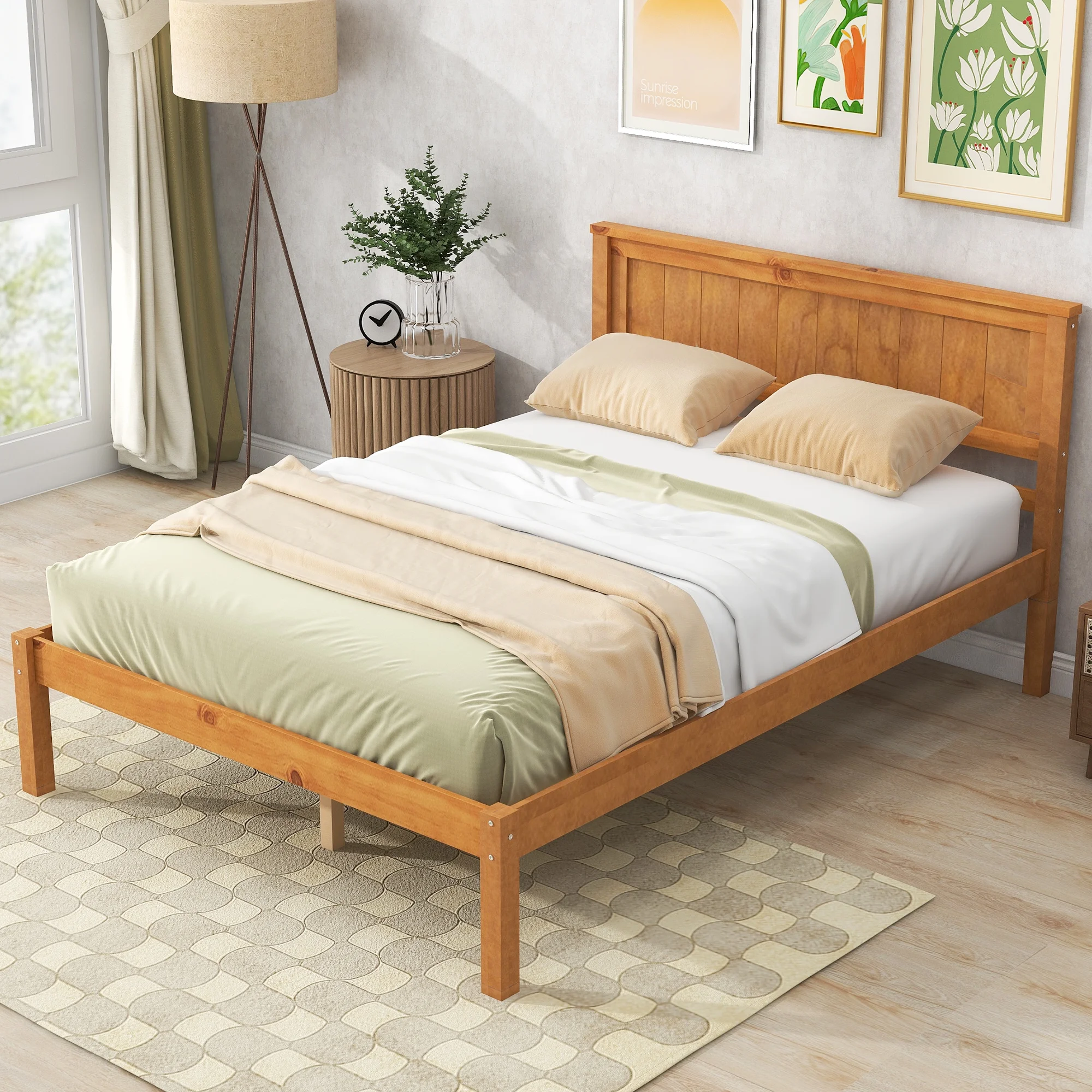 Queen Wood Bed Frame, CASEMIOL Queen Size Platform Bed Frame with Headboard, Wooden Slats, No Box Spring Needed, Easy Assembly, Queen, Modern Bedroom Furniture, Yellow