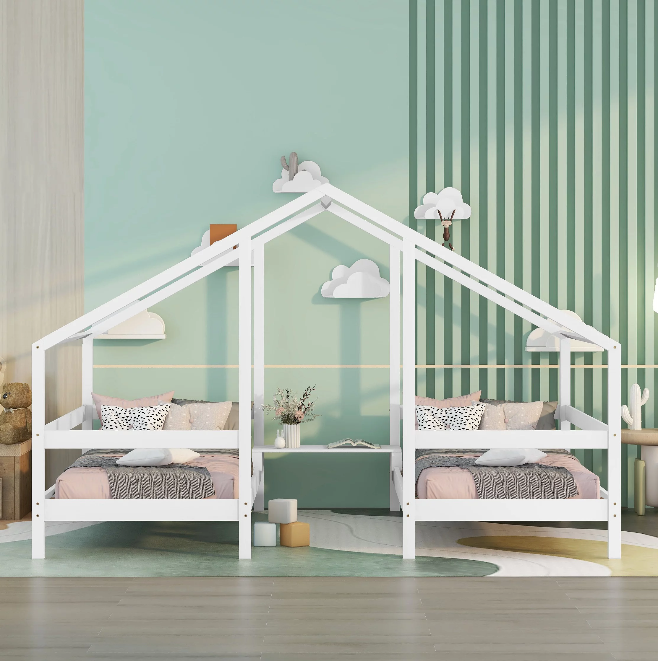 Bellemave Double Twin Size House Bed, Wooden Triangular Platform Bed Built-in Table for 2 Kids, 2 Beds in 1 for Girls or Boys (White)