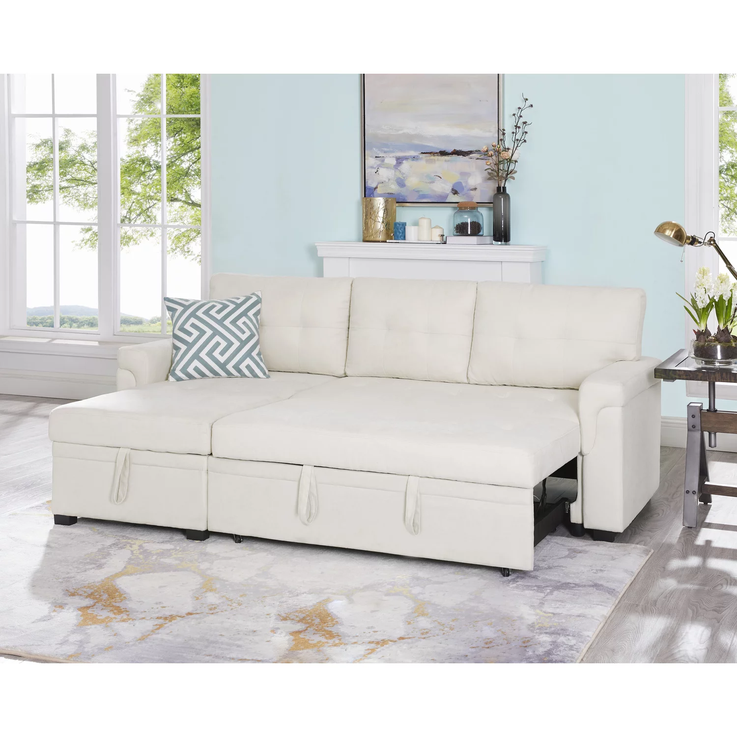 Naomi Home Jenny Sectional Sleeper Sofa - Elegant L-Shaped Couch Convertible Pull-Out Bed, Ample Storage, Timeless Design, Sturdy Construction, Long-Lasting for Modern Living, Velvet, Cream