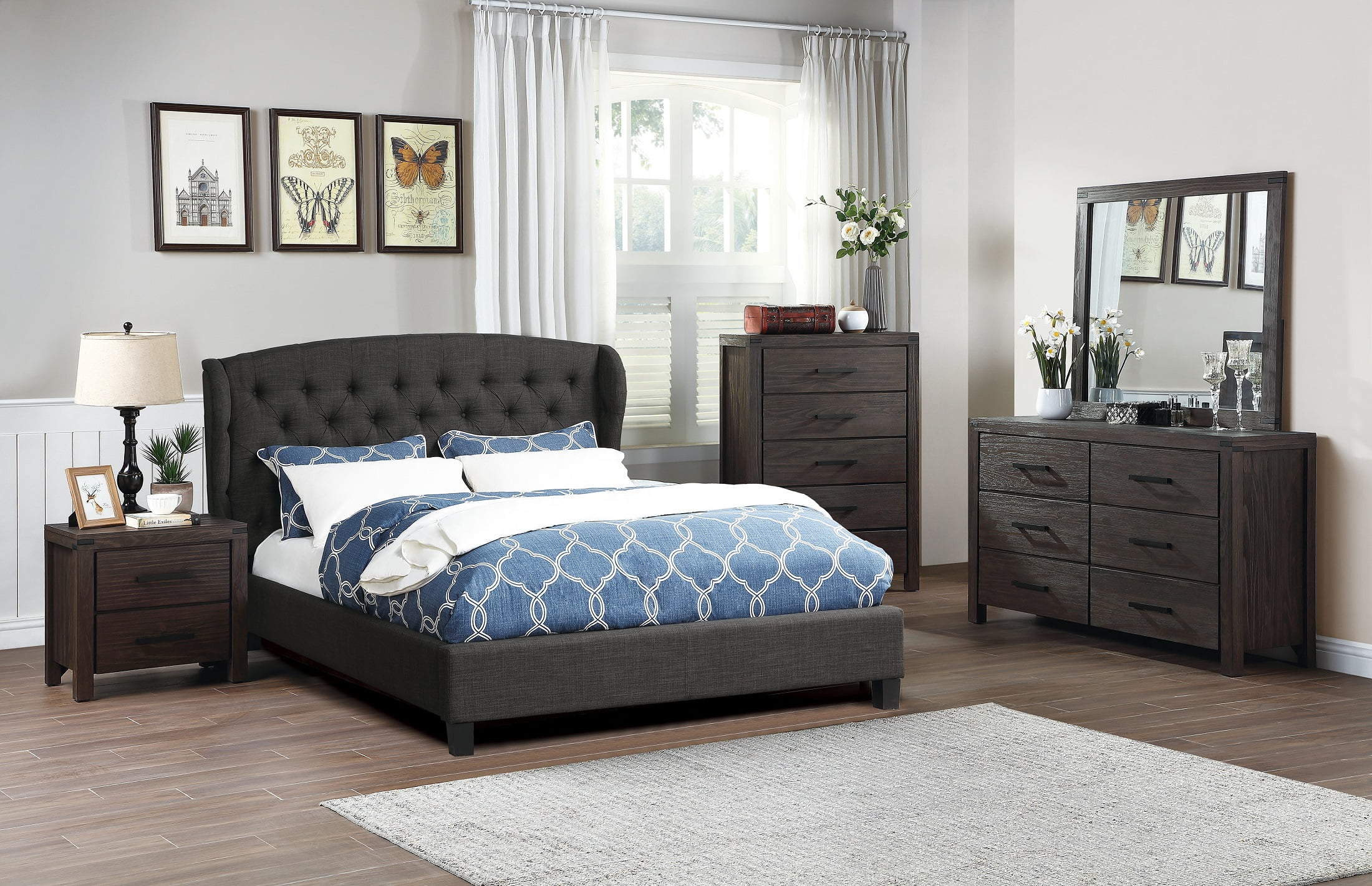 Modern Simple Tufted HB Queen size bed Dresser Mirror Nightstand 4pc Set Charcoal Polyfiber fabric
