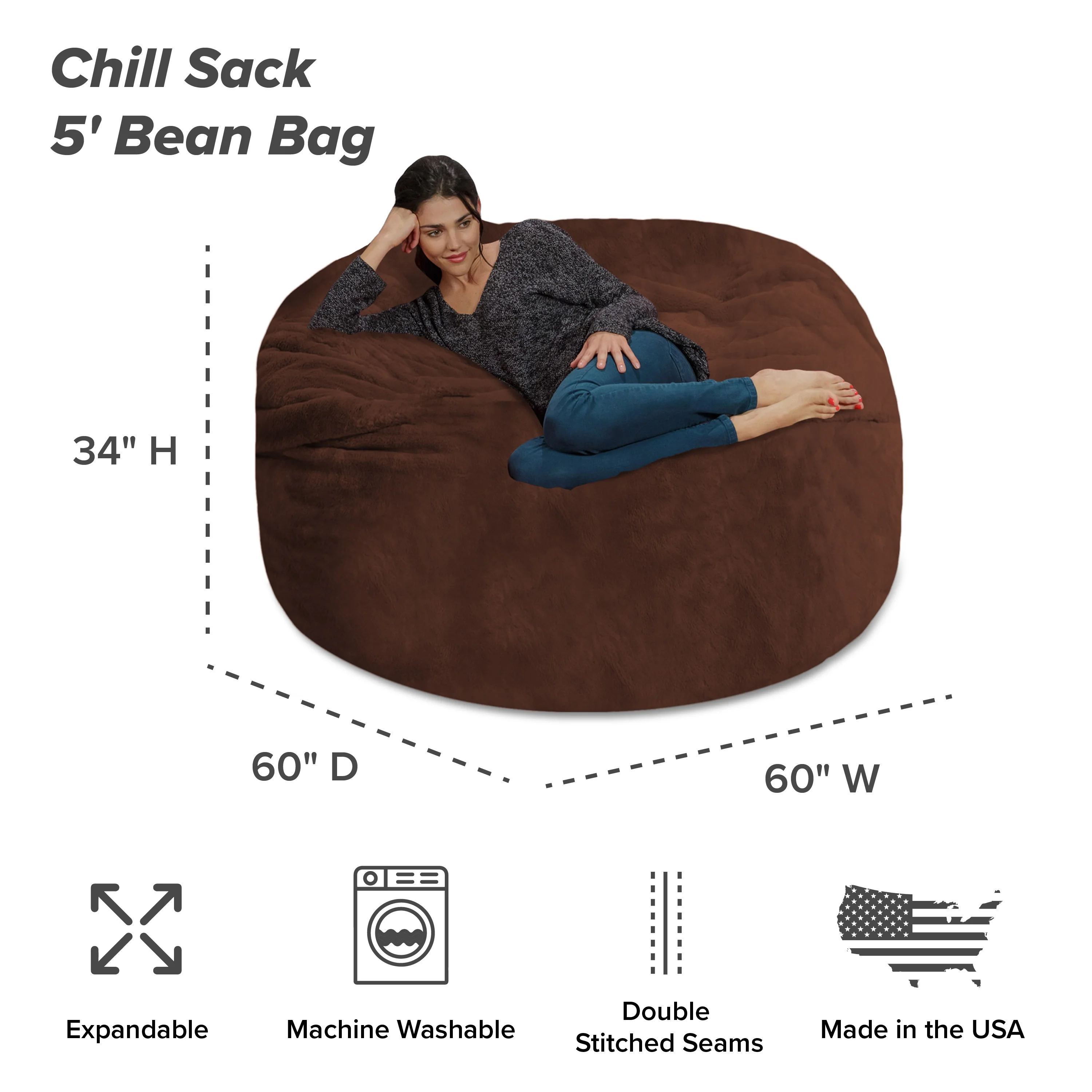 Chill Sack Bean Bag Chair, Faux Rabbit Fur with Memory Foam Fill, 5 ft, Brown