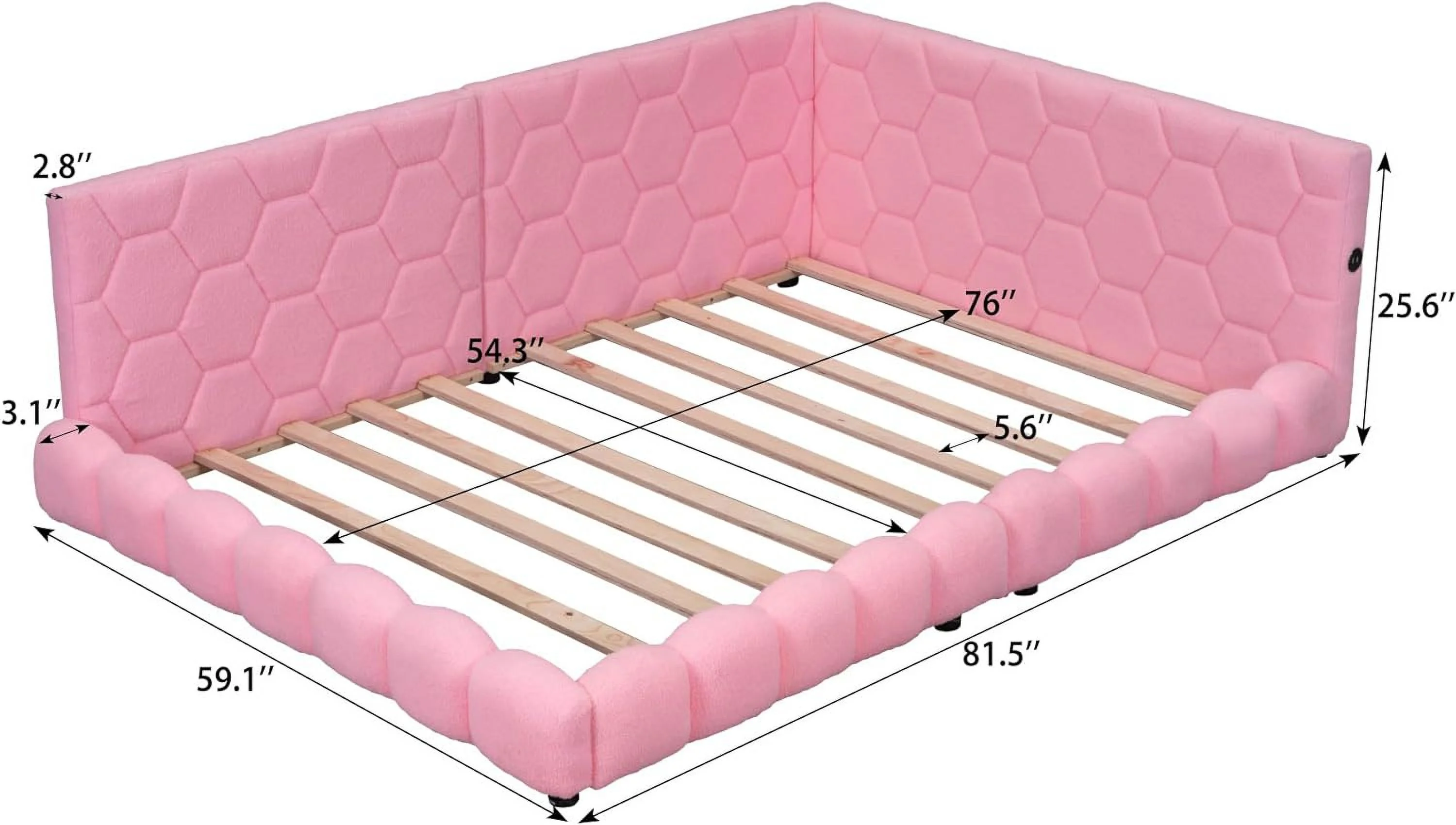 Upholstered Full Size Platform Bed With USB Ports Ad LED Belt,Wood Teddy Fabric Corer Daybed Frame For Livigroom,Bedroom,Pik