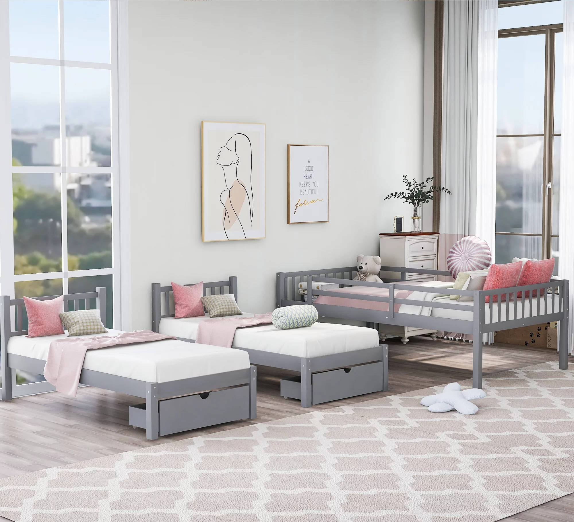 Dcenta Full Over Twin & Twin Bunk Bed, Wood Triple Bunk Bed with Drawers and Guardrails (Gray)