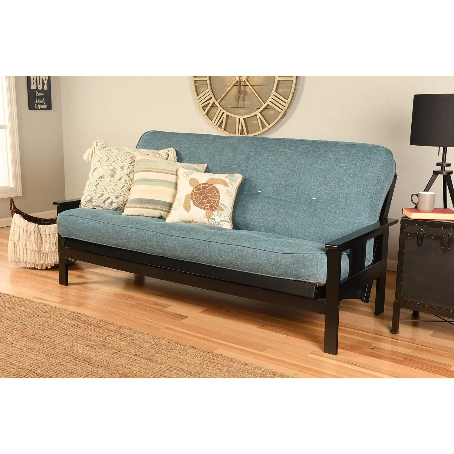 Maykoosh Eclectic Exclusivity Futon Frame-Black Finish-Linen Aqua Mattress