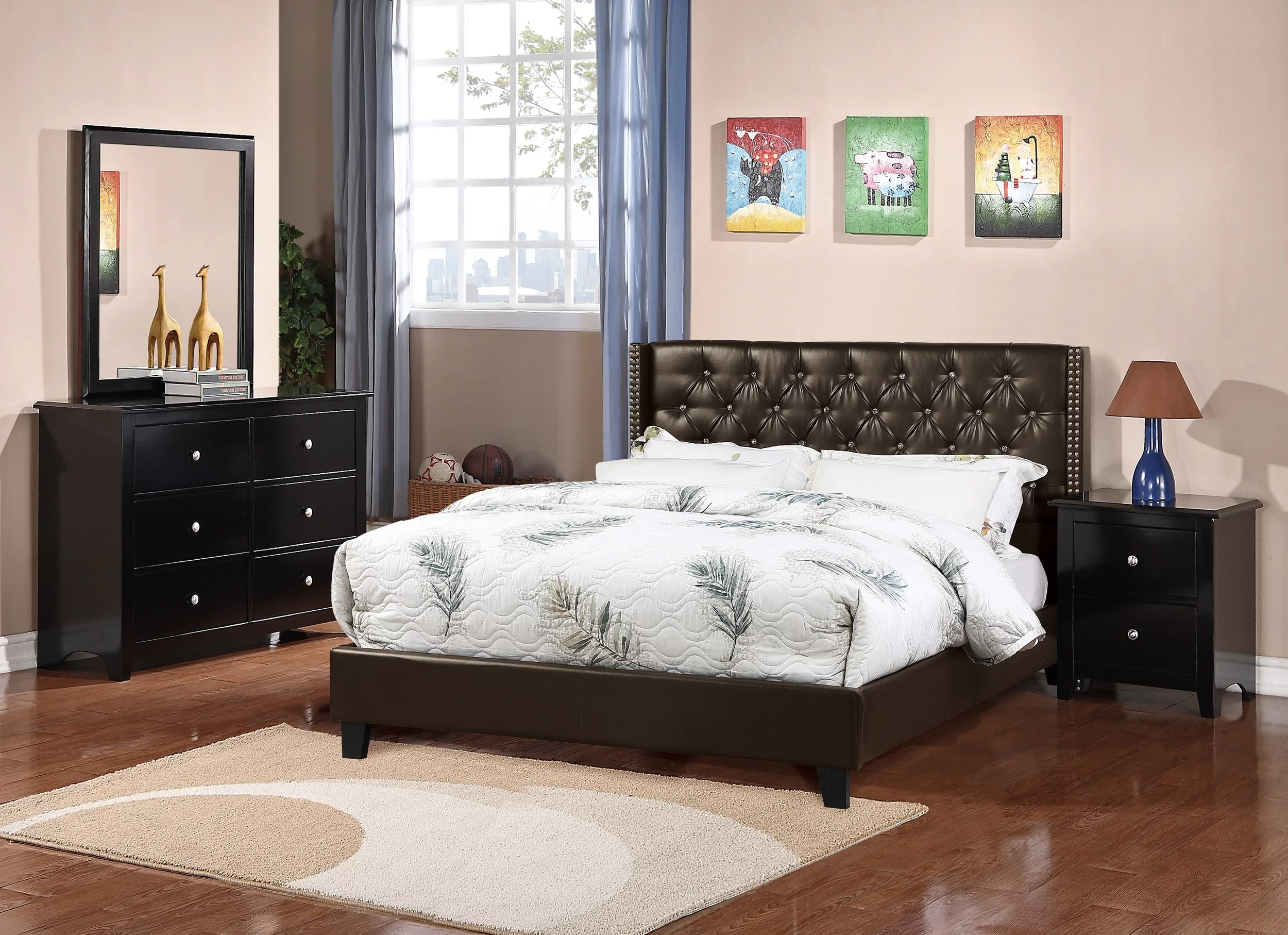 Bedroom furniture Espresso Faux Leather Queen Size bed Dresser Mirror Nightstand 4pc Set Plywood wooden Legs.
