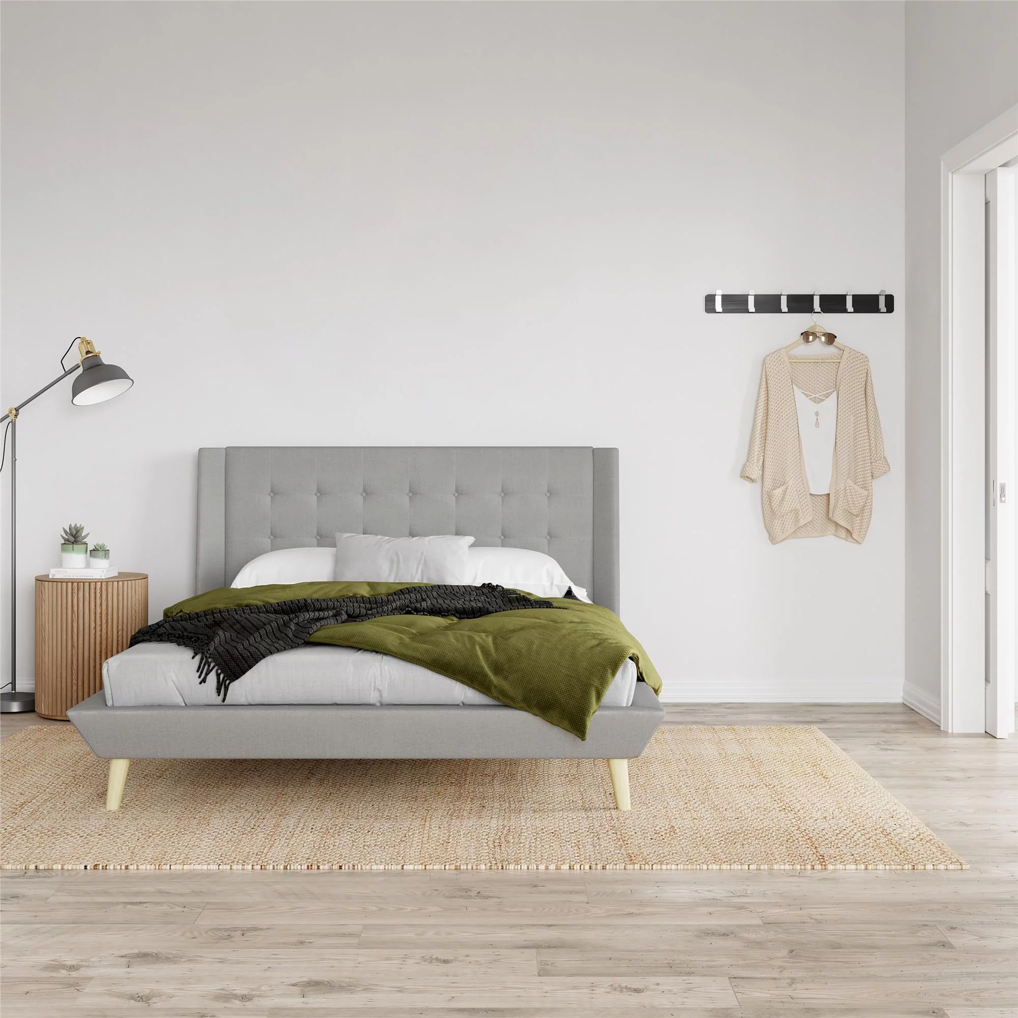 Queer Eye Farnsworth Upholstered Bed with Low Profile Platform Frame, Full, Light Gray Linen