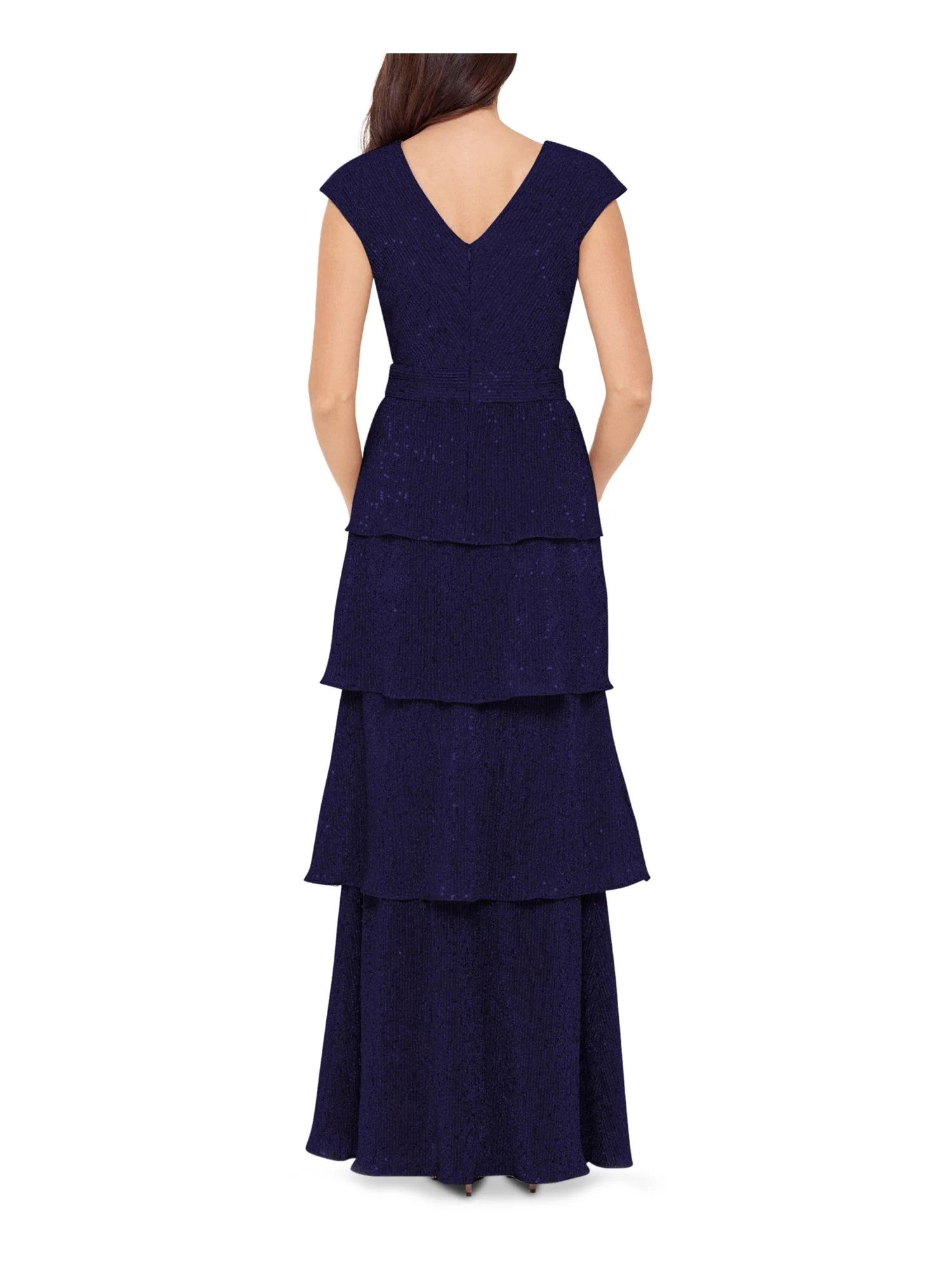 XSCAPE Womens Navy Sequined Zippered Tiered Cap Sleeve V Neck Full-Length Evening Dress 4