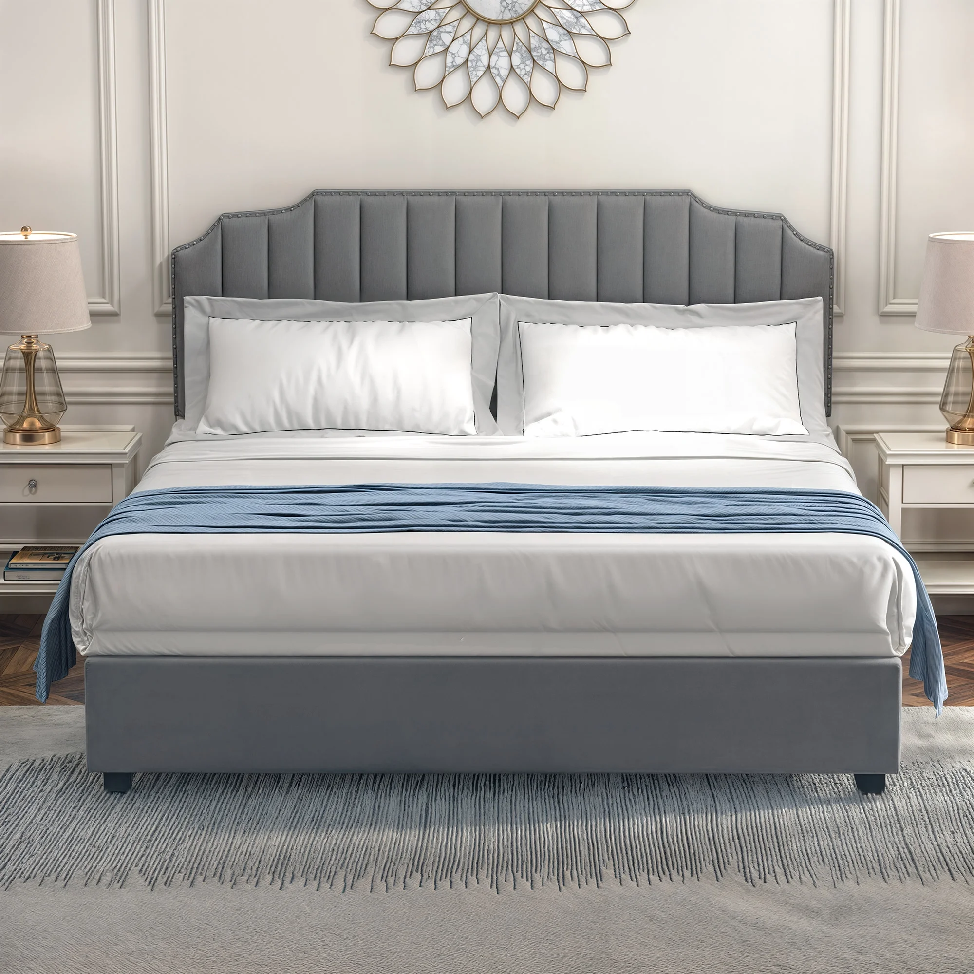 DWVO King Lift Up Storage Bed Frame, Velvet Upholstered Platform Bed, Noise-Free No Box Spring Needed Fast Assembly, Gray