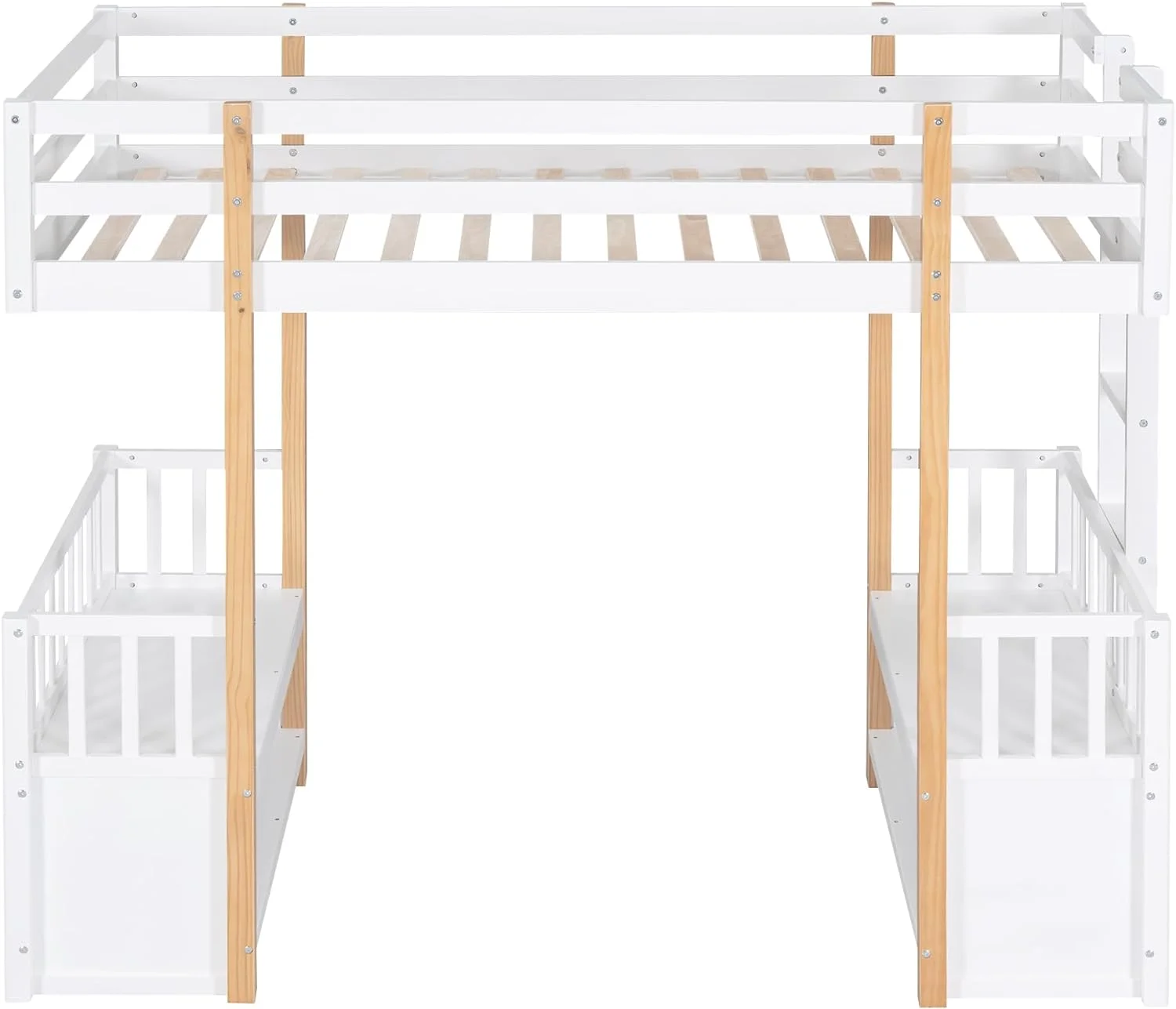 Wood Twin Size Loft Bed with 2 Seats and a Ladder, Twin Size Bed Frame with Full-Length Guardrail and Storage Shelves,Children Teens Boys Girls, No Box Spring Required
