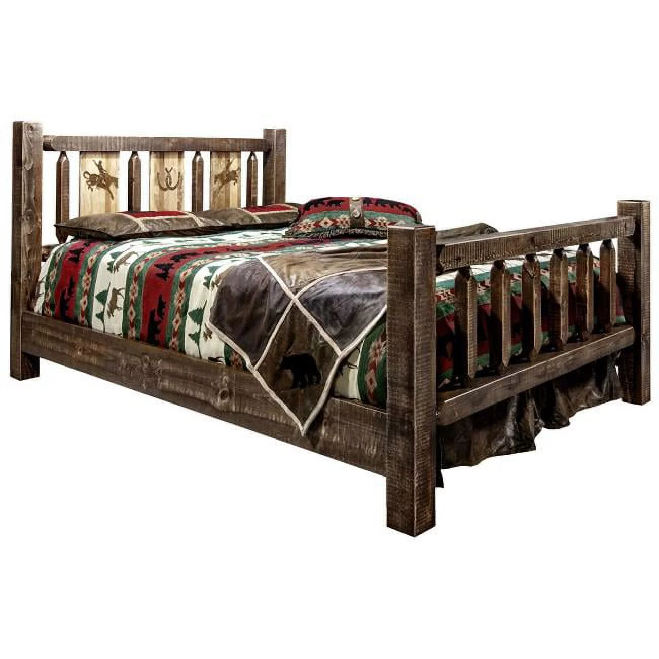 Homestead Collection Full Size Bed with Laser Engraved Bronc Design, Stain & Clear Lacquer Finish