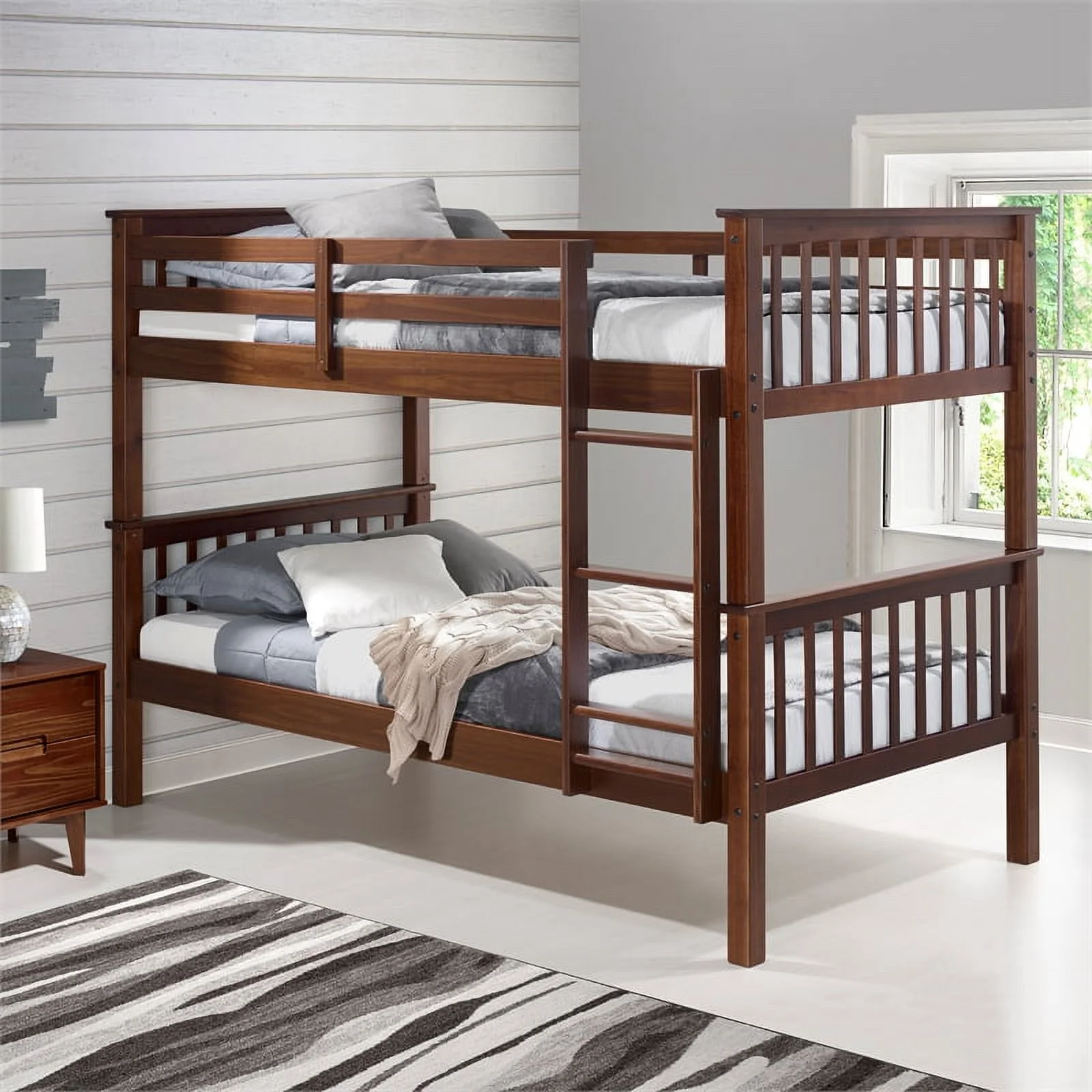 Pemberly Row Twin Over Twin Bunk Bed in Walnut