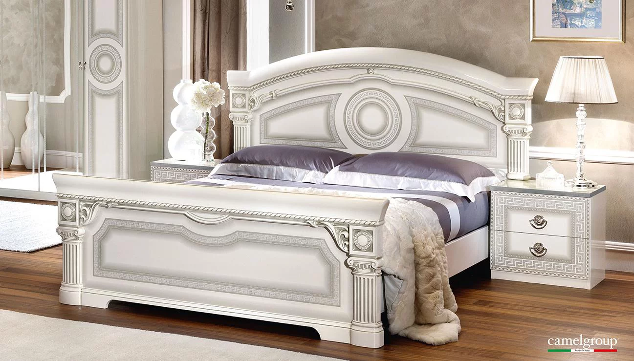 Glossy White Silver Finish King Platform Bedroom Set 2Pcs Made in Italy ESF Aida