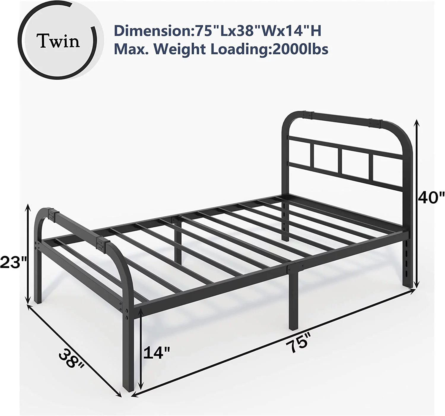 Twin-Bed-Frames with - Headboard and Footboard  Heavy Duty Metal Platform Bed Frame  No Box Spring Needed Mattress Foundation  Anti-Slip  No Noise  Black