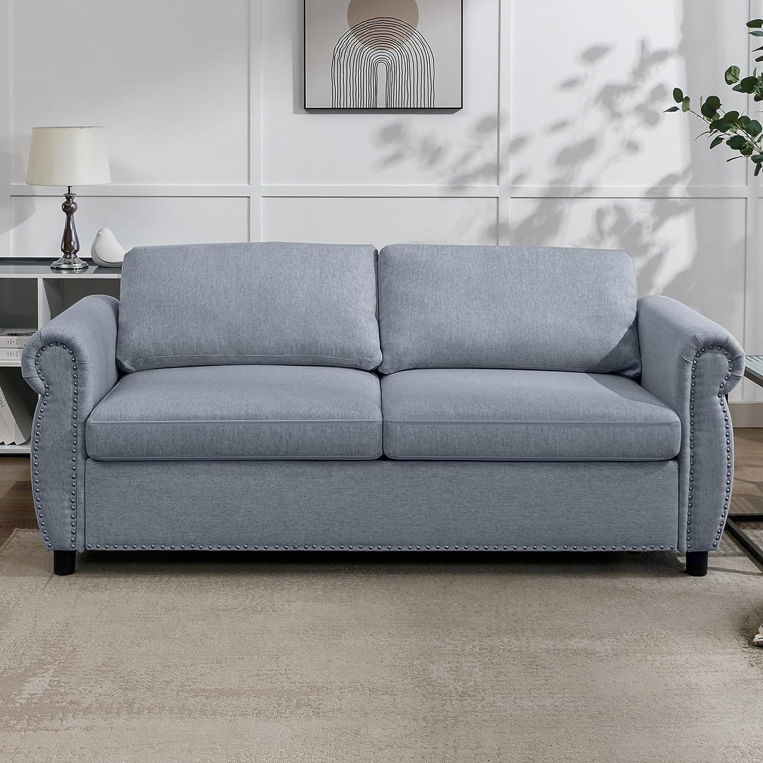 Mixoy Pull Out 2 in 1 Sleeper Sofa Bed with Mattress,Convertible Upholstered Loveseat with Nailhead Queen Size - Grey