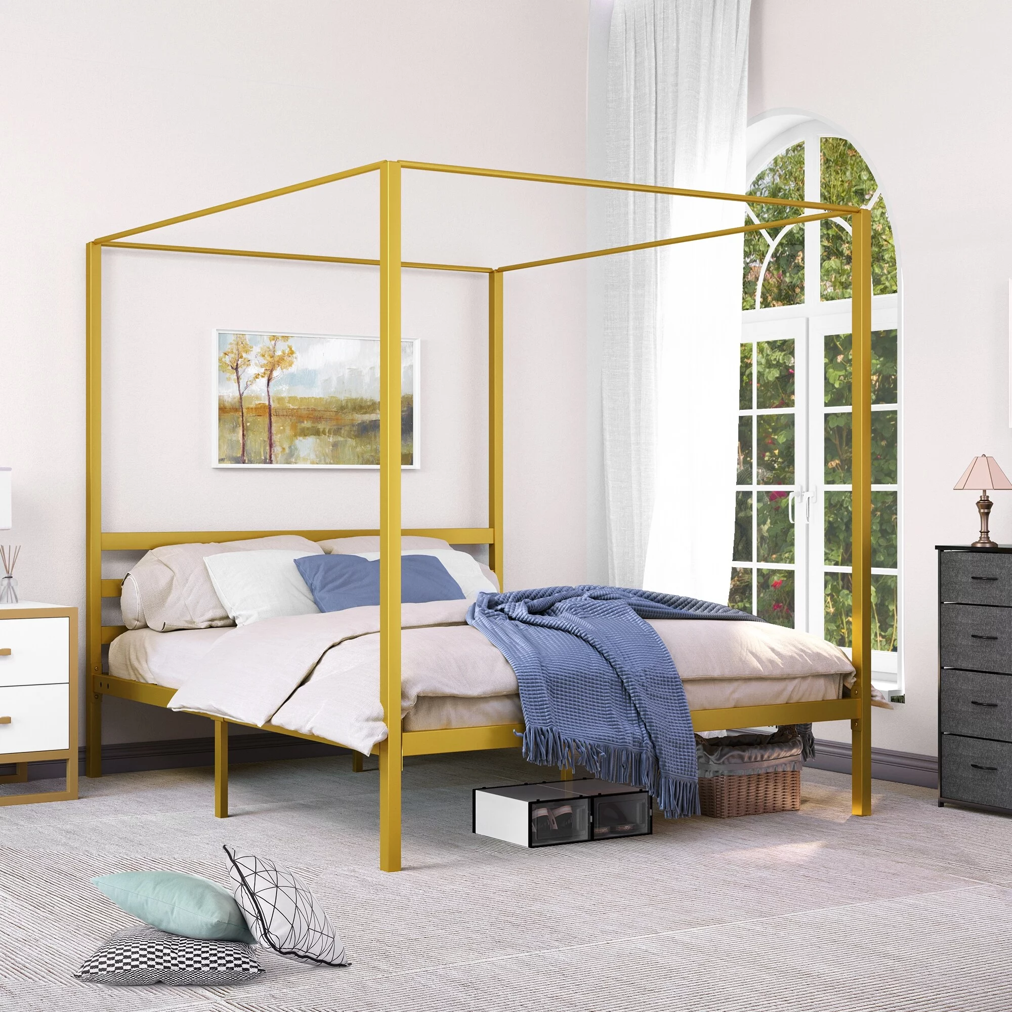 King/Queen Gold Metal Canopy Platform Bed Frame King