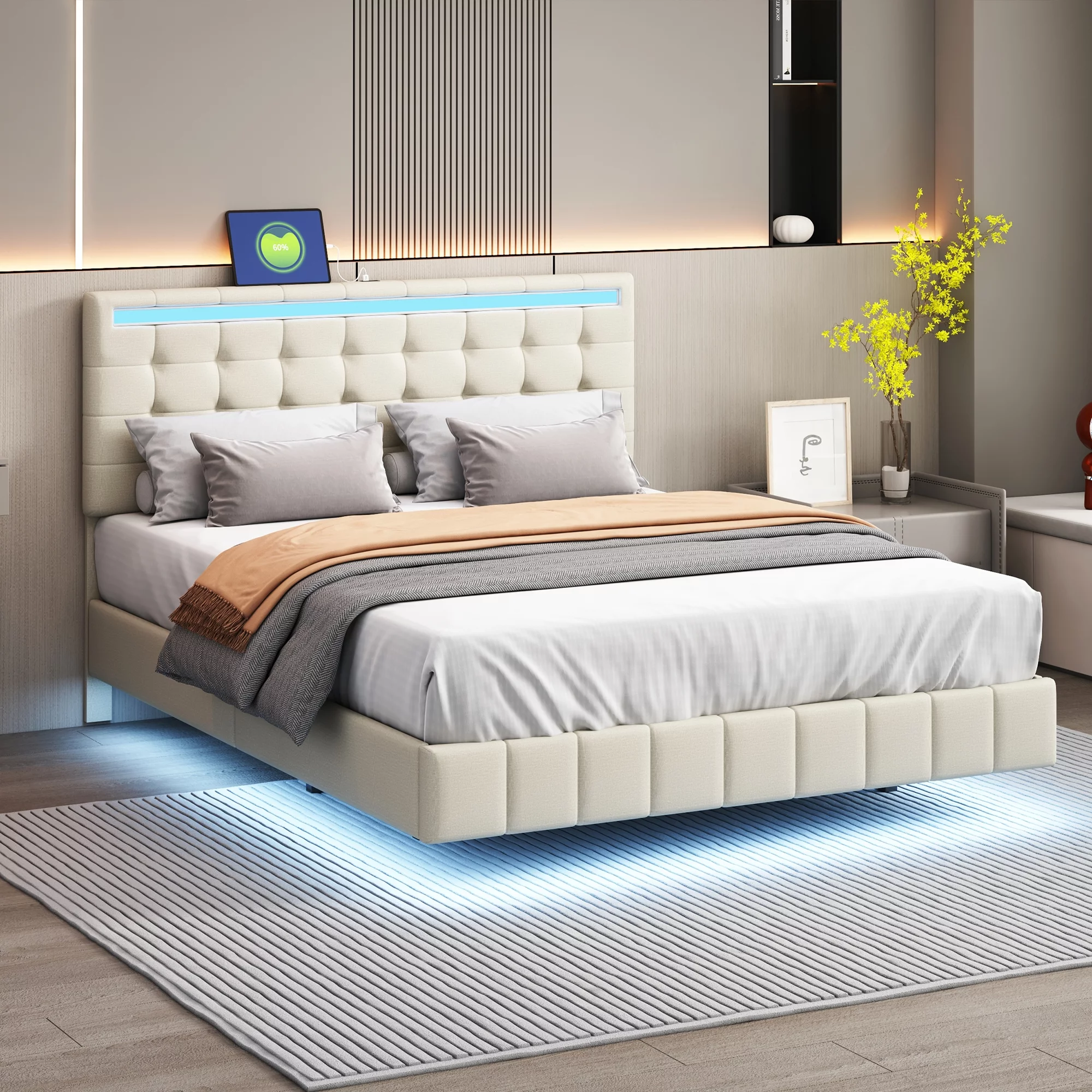 Queen size bed frame with LED lights and USB charging jack, classic modern design for modern, industrial, rustic home decor(White).