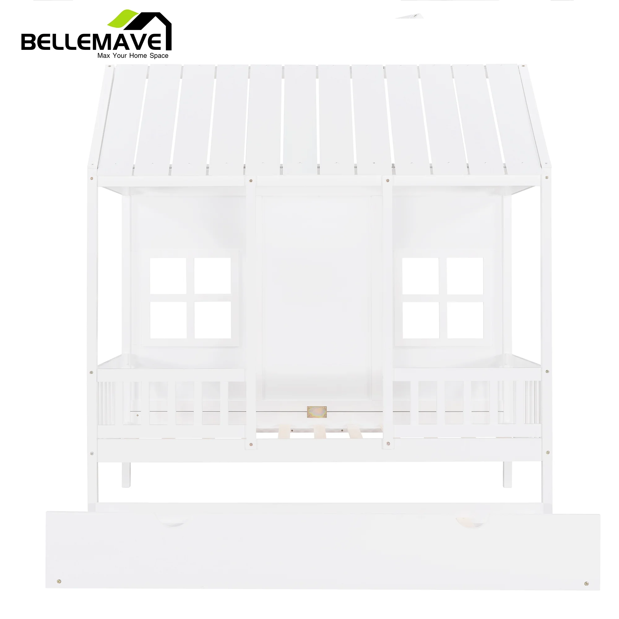 House Twin Bed Frames for Kids, Twin Size House Daybed with Trundle Bed,Twin Trundle Bed with Roof,Window and Guardrail, Wood Twin Bed for Kids, Girls, Boys,Teens(White)