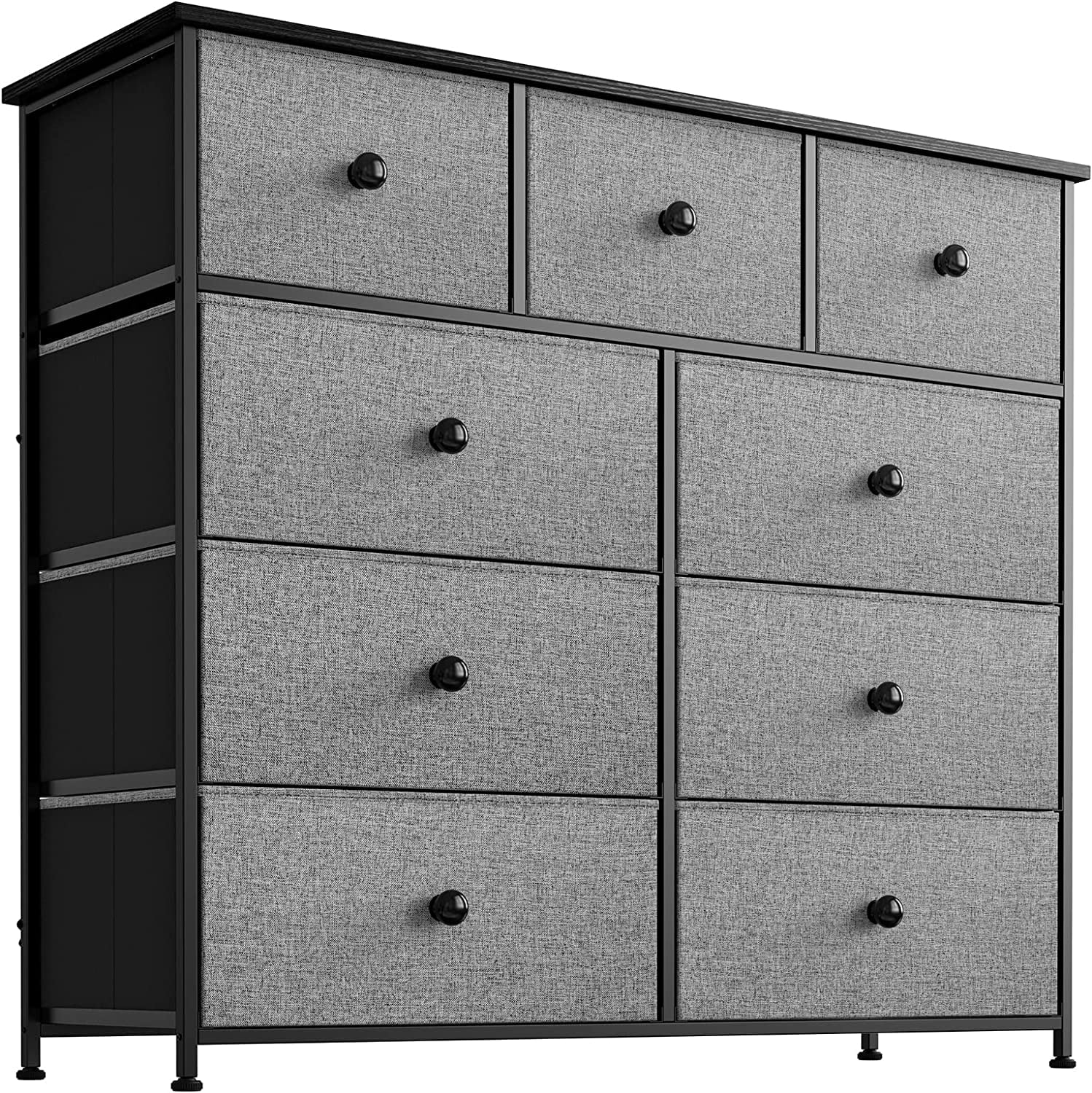 9 Drawer Steel Frame Bedroom Organizer Chest Dresser with Waterproof Top Adjustable Feet and Wall Safety Attachment Light Grey