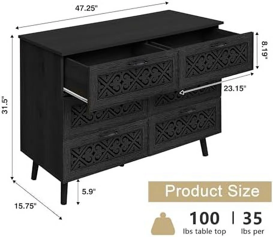 NLIBOOMLife 6 Drawer Double Dresser with Hollow Carving Decoration  Modern Chest of Drawers with Metal Handles  Accent Wood  Cabinet for Bedroom  Living Room and Kitchen (Green)