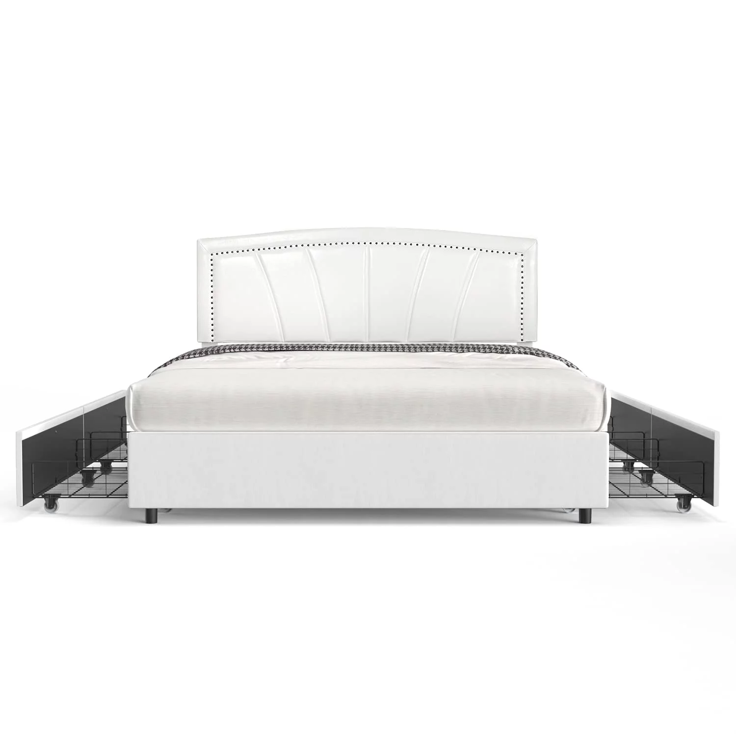 BONSOIR FULL Size Storage Bed Frame Upholstered Low Profile Traditional Platform with Tufted and Nail Headboard/No Box Spring Needed/4 Pull Out Drawers/White Faux Leather