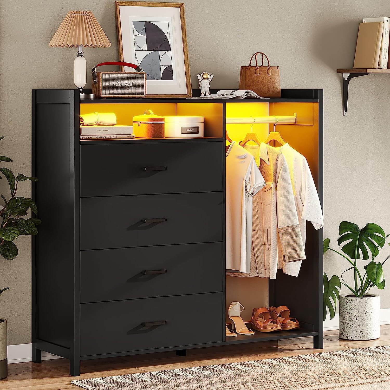 EPHEX 4 Drawer Dresser for Bedroom with Clothing Rack, Dressers and Chests of Drawers with LED Lights, Modern Long Led Dresser for Bedroom Closet, Black