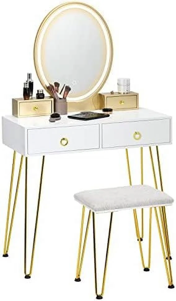 TJUNBOLIFE Makeup Vanity Table with Lighted Mirror  3 Lighting Sets  Adjustable Brightness  2 Large Drawers  Acrylic  Boxes  Girls Bedroom Dressing Table Vanity Set with Stool (Walnut)
