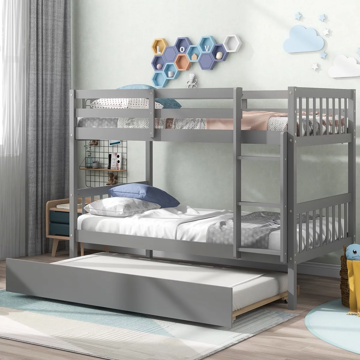 Ouyessir Twin Over Twin Wood Bunk Bed with Ladder Solid Wood Bunk Bed Frame with Trundle For Kids, Teens Bedroom BunkBed,No Box Spring Needed