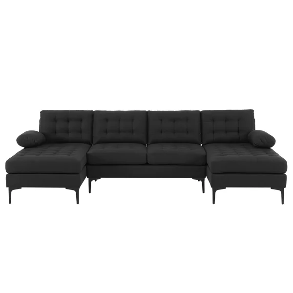 SYTHERS Convertible Sectional Sofa U-Shaped Couch 4-Seat Modern Cotton Linen Sectional Sleeper Sofa with Memory Foam & Double Chaise & Comfortable Backrest, Oversized Seats, Black