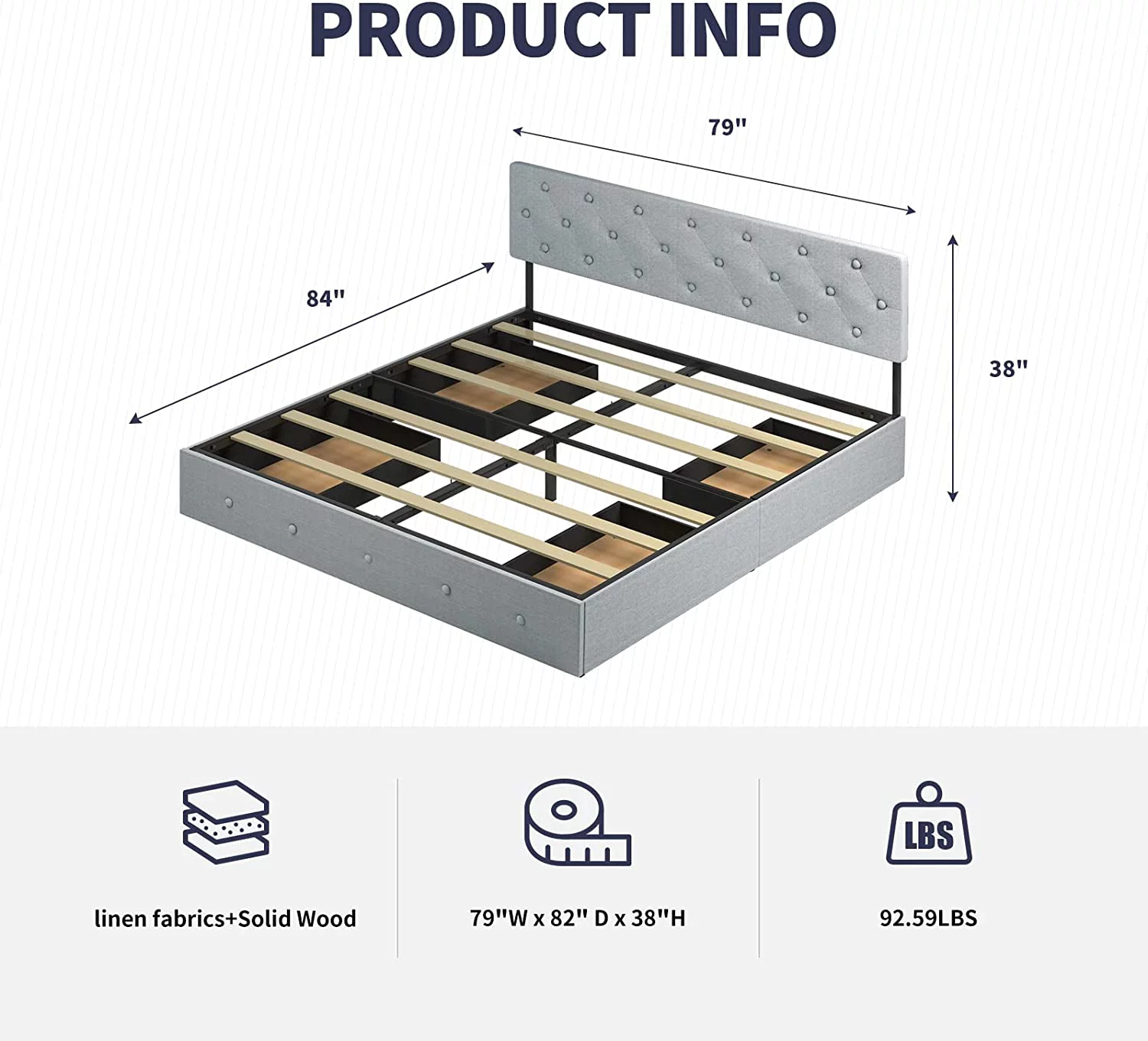 Platform Full Size Bed Frame with 4 Storage Drawers Full Bed Frame with Headboard Diamond Stitched Button Tufted Design Wooden Slats Support No Box Spring Needed Easy Assembly Light Grey