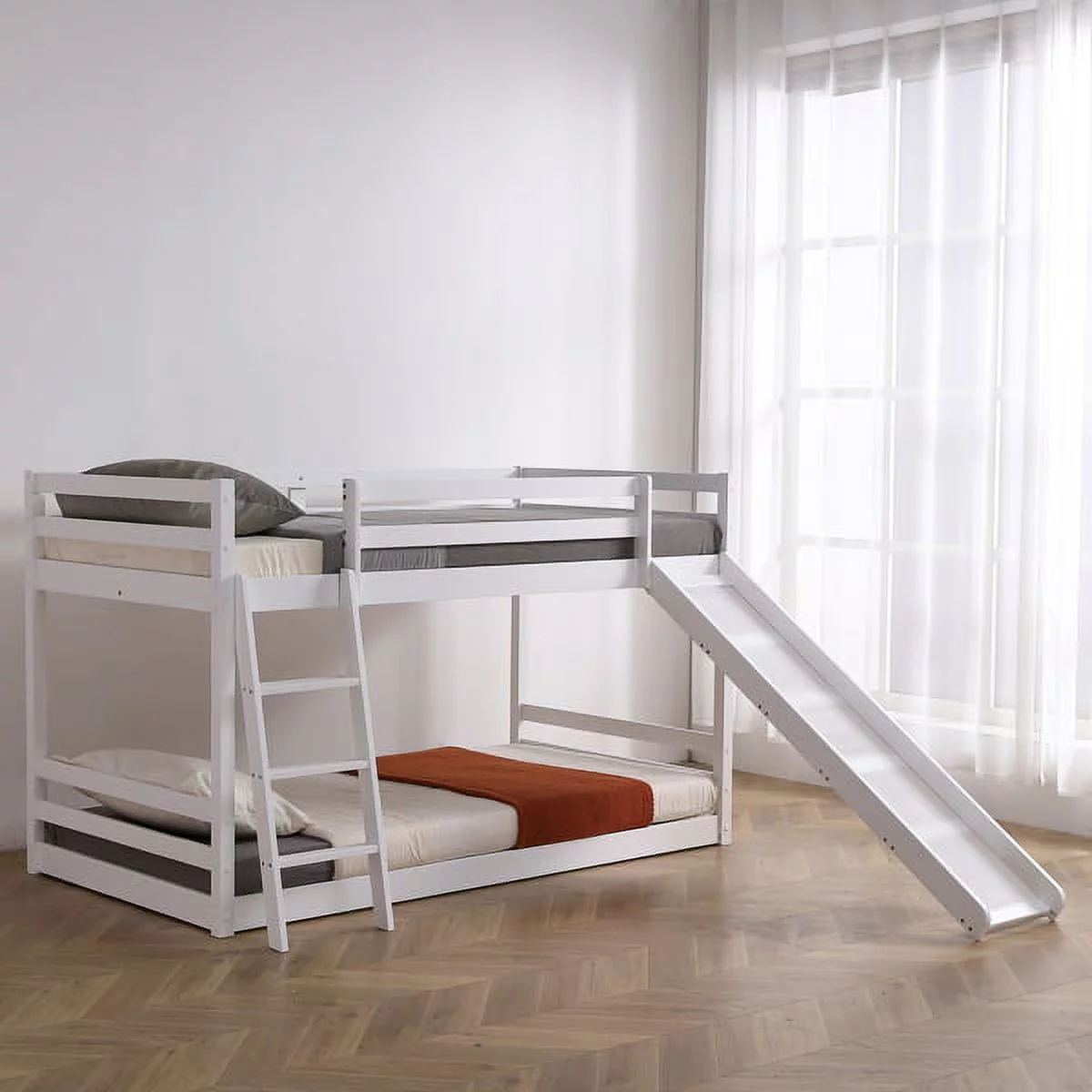Bornmio Elevated Cross Guard Rail with Slide Twin Pine Wooden Bed White