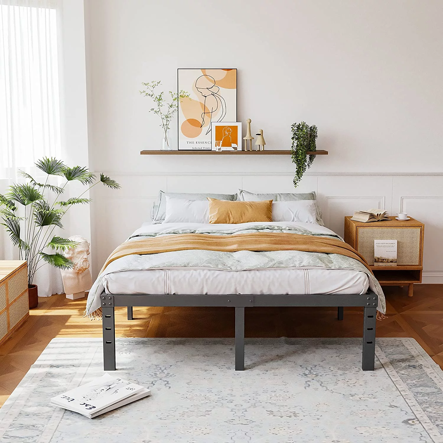 Popular California King Bed Frame 16 inch Tall  3 Inches Wide Wood Slats with 3500 Pounds Support  No Box Spring Needed for Foam Mattress  Underbed Storage Space  Easy Assembly  Noise Fre