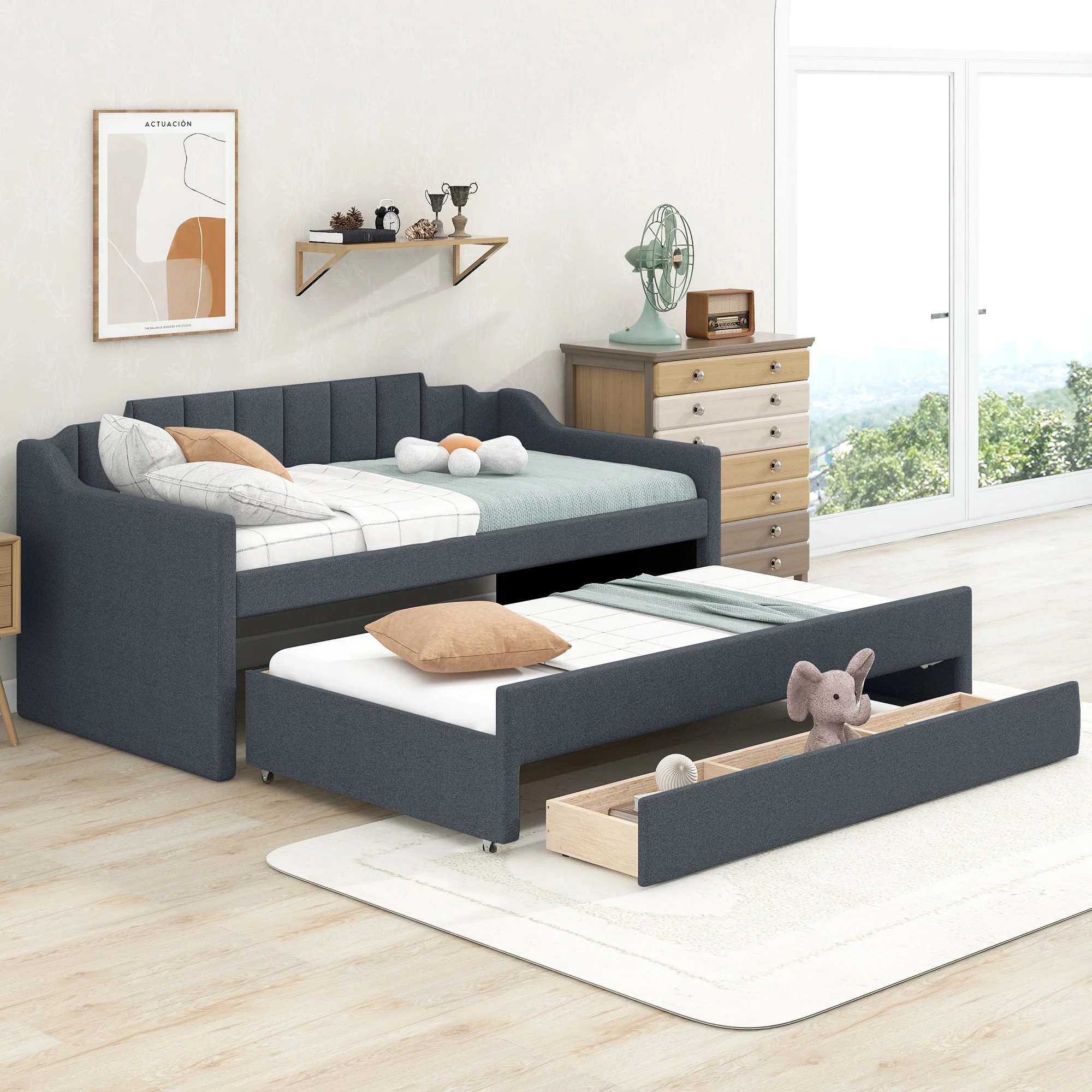 Avery Twin Size Daybed with Trundle and Three Drawers - Gray