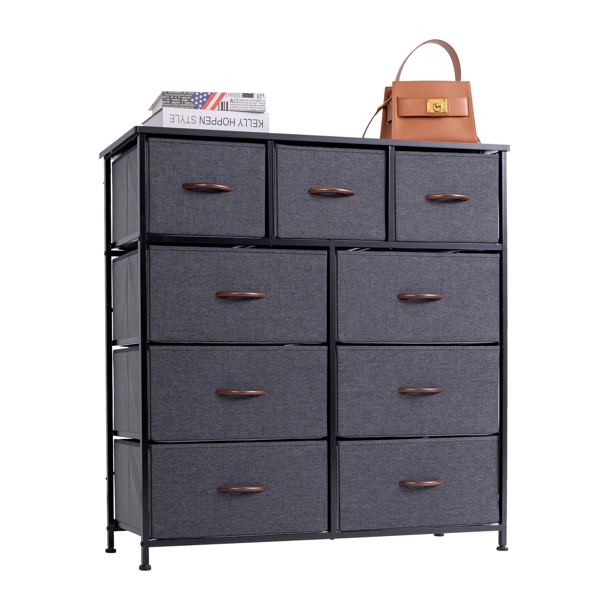 WAYTRIM Modern Dresser and Chest of 9 Drawers Storage Tower Steel Frame Closet Fabric Cabinet Organizer in Home for Bedroom Brown