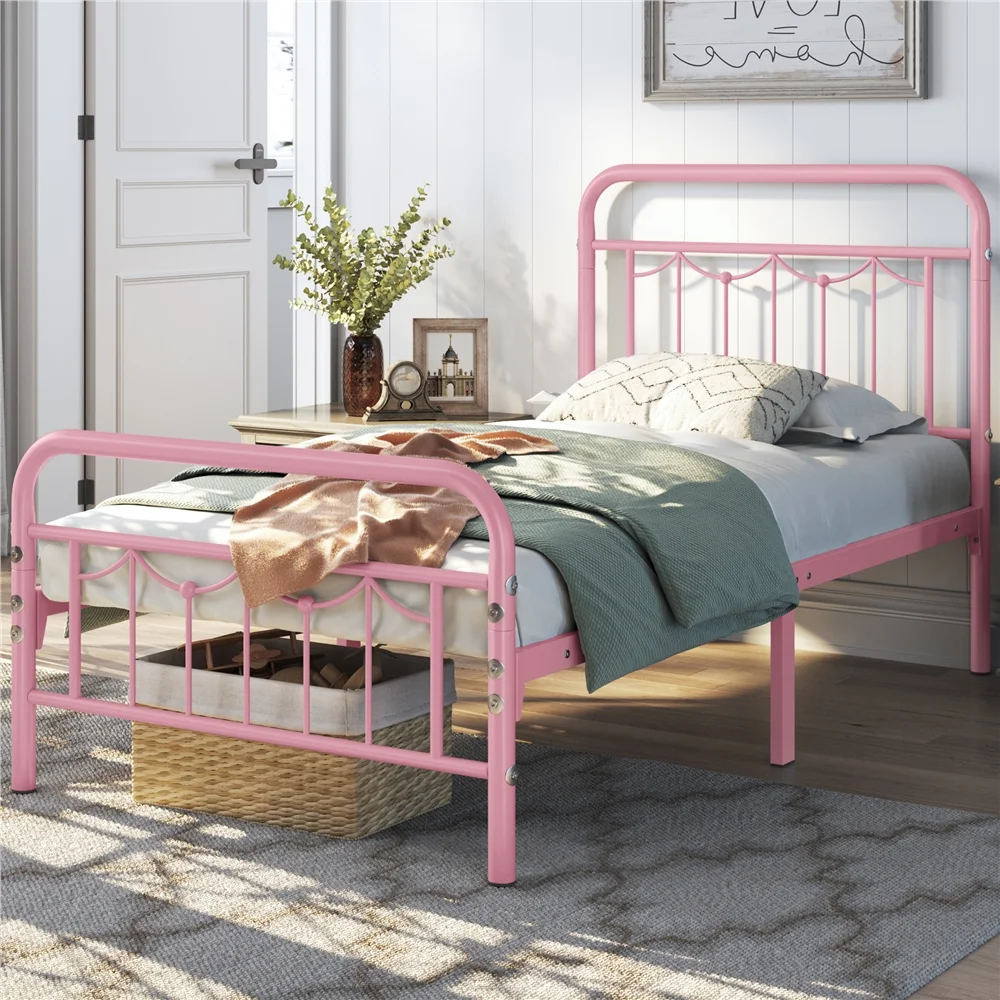 Smile Mart Metal Platform Bed with Vintage Headboard and Footboard, Twin XL, Pink