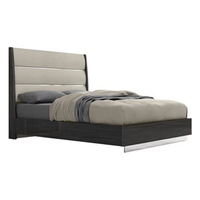 HomeRoots 50 x 60 x 80 in. Queen Size Dark Gray High Gloss Bed Frame with Faux Leather Headboard