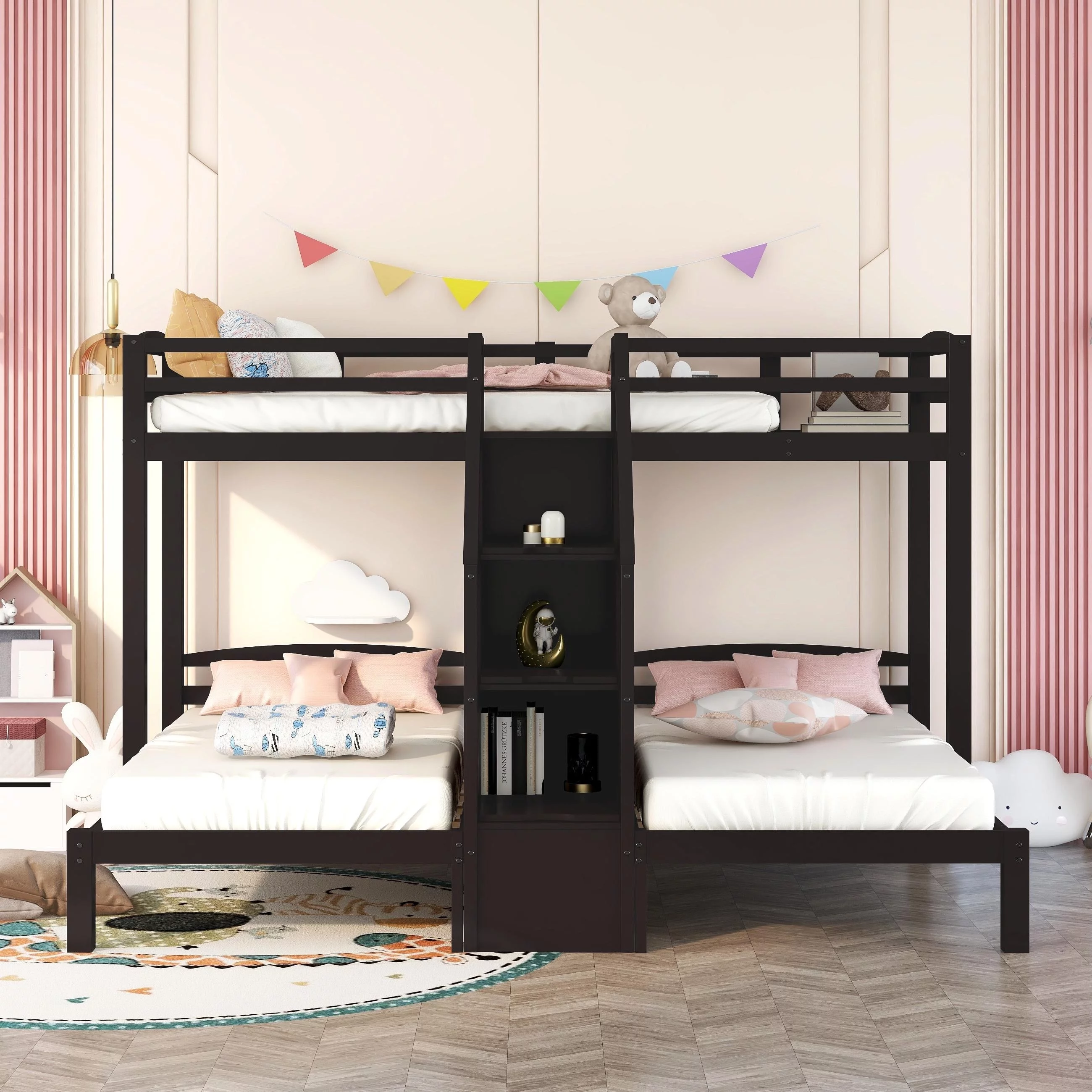 Twin over Twin & Twin Bunk Bed with Built-in Middle Staircase and Little Drawer, Wooden Twin over Twin Bed for Kids Teens Adults, 3 Beds in 1