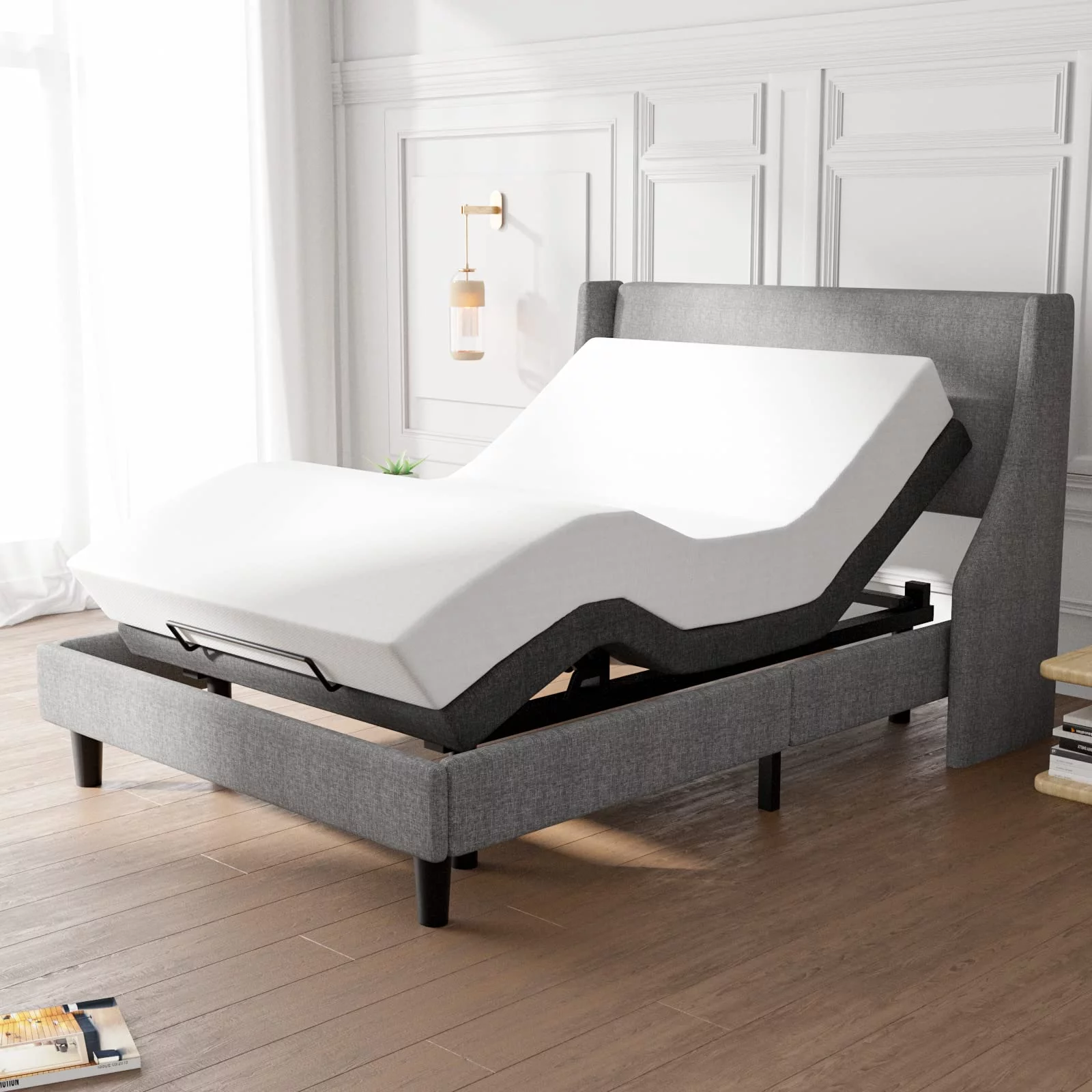 Einfach Full Size Motorized Upholstered Adjustable Bed Base 2.0, Wireless Remote