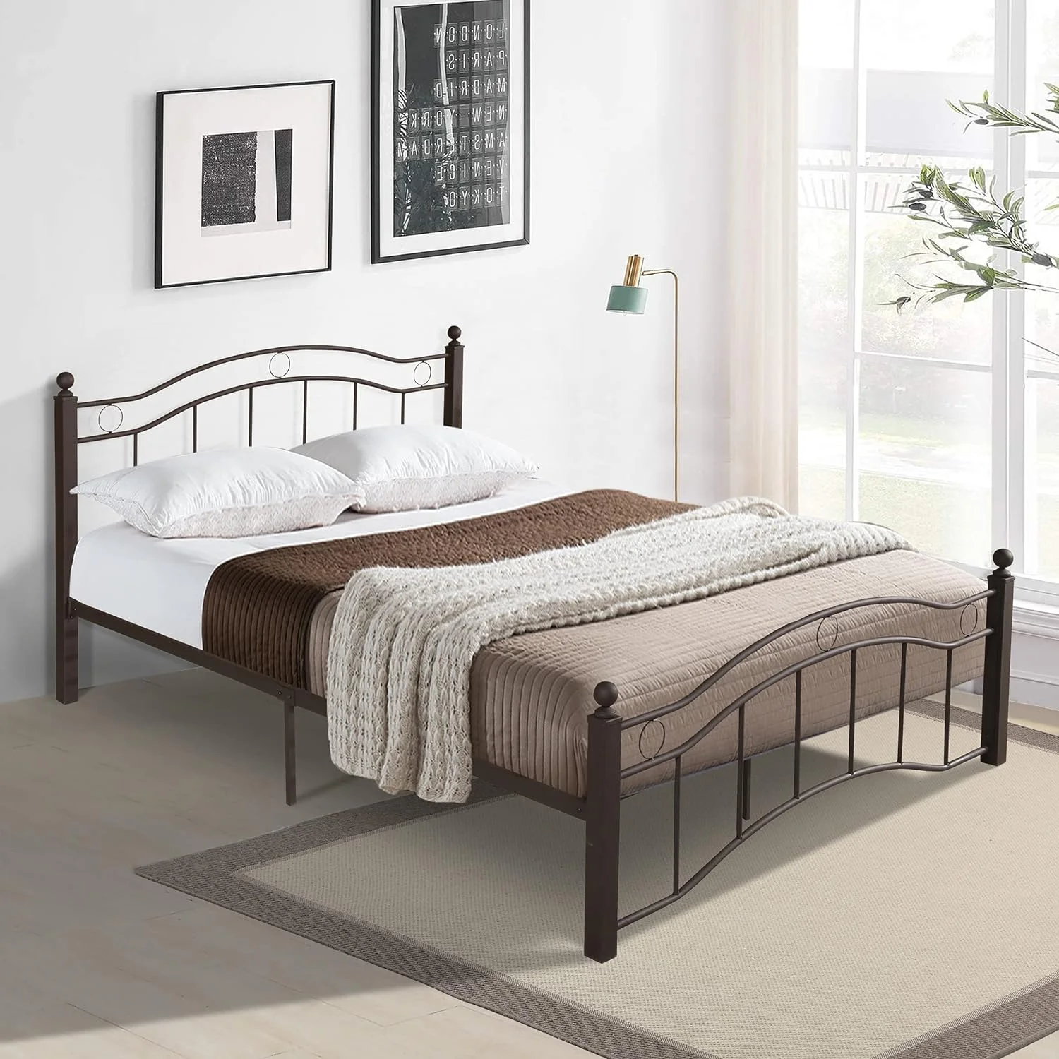 Kig Size Metal Platform Bed With Special Headboard Ad Footboard, Platform Beds Kig With Support Slats For Bedroom Oe Year Warraty (Broze)