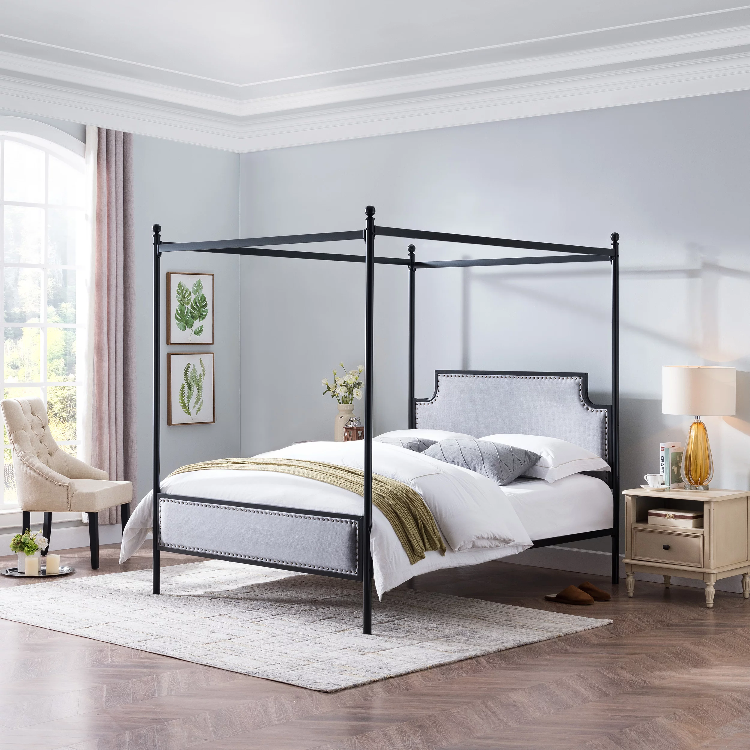 GDF Studio Cabot Contemporary Fabric Queen Canopy Bed Frame, Gray and Flat Black