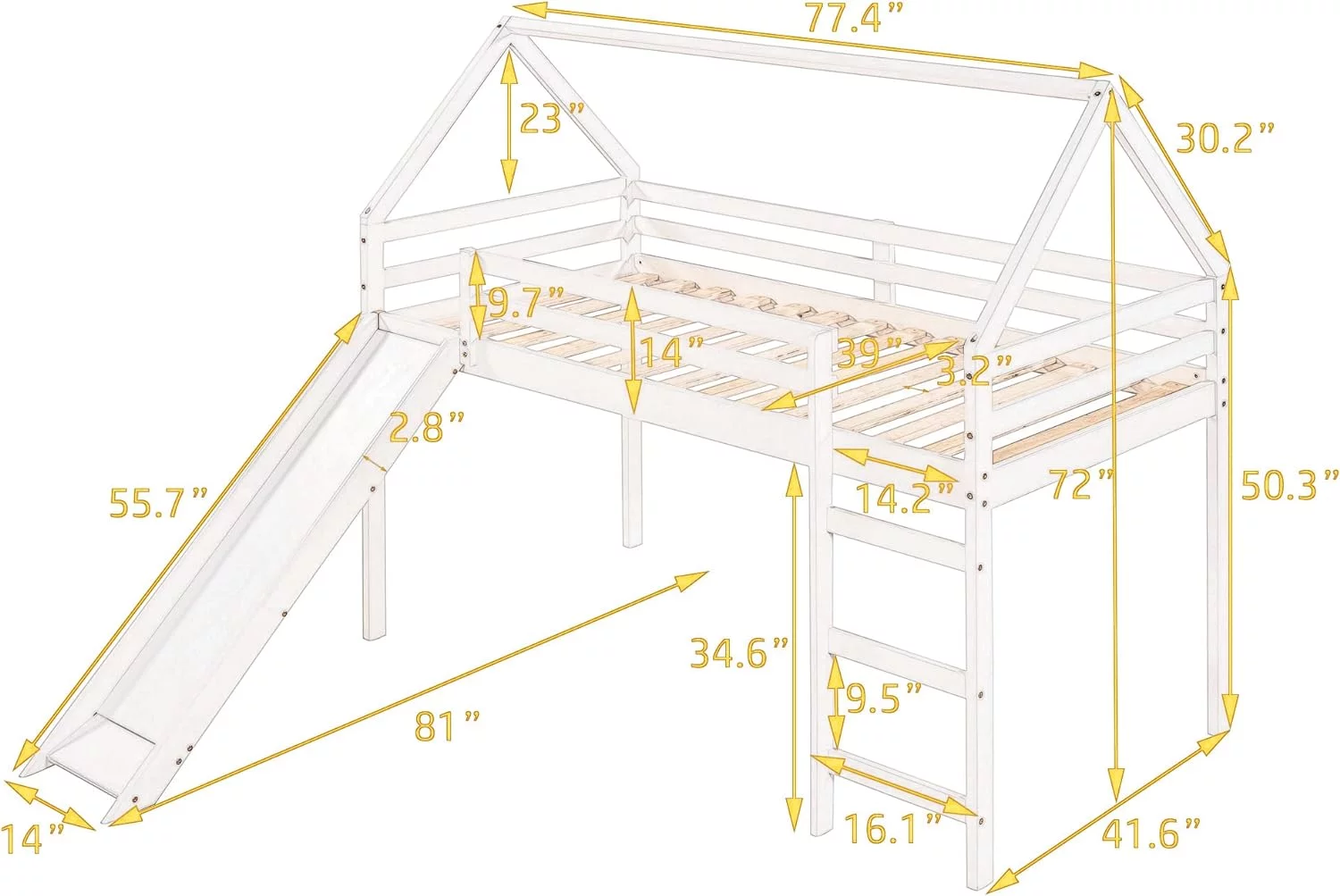 Loft Bed With Slide, Wood Loft Bed With Roof And Ladder, Wood House Bed Frame, For Kids/Teens/Girls/Boys, No Box Spring Needed, Espresso