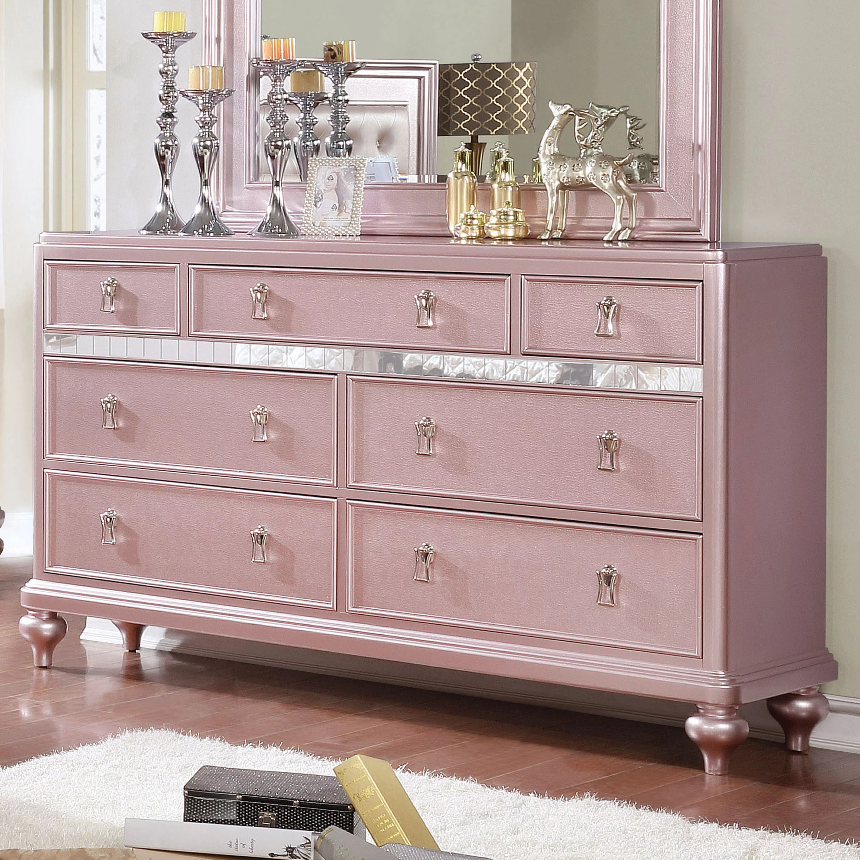 Furniture of America Starnom Transitional 7-Drawer Dresser, Rose Gold