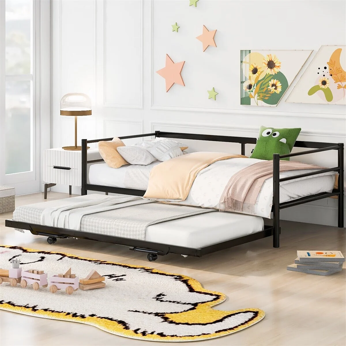 MERAX Twin Size Metal Daybed with Adjustable Trundle, Pop Up Trundle Black