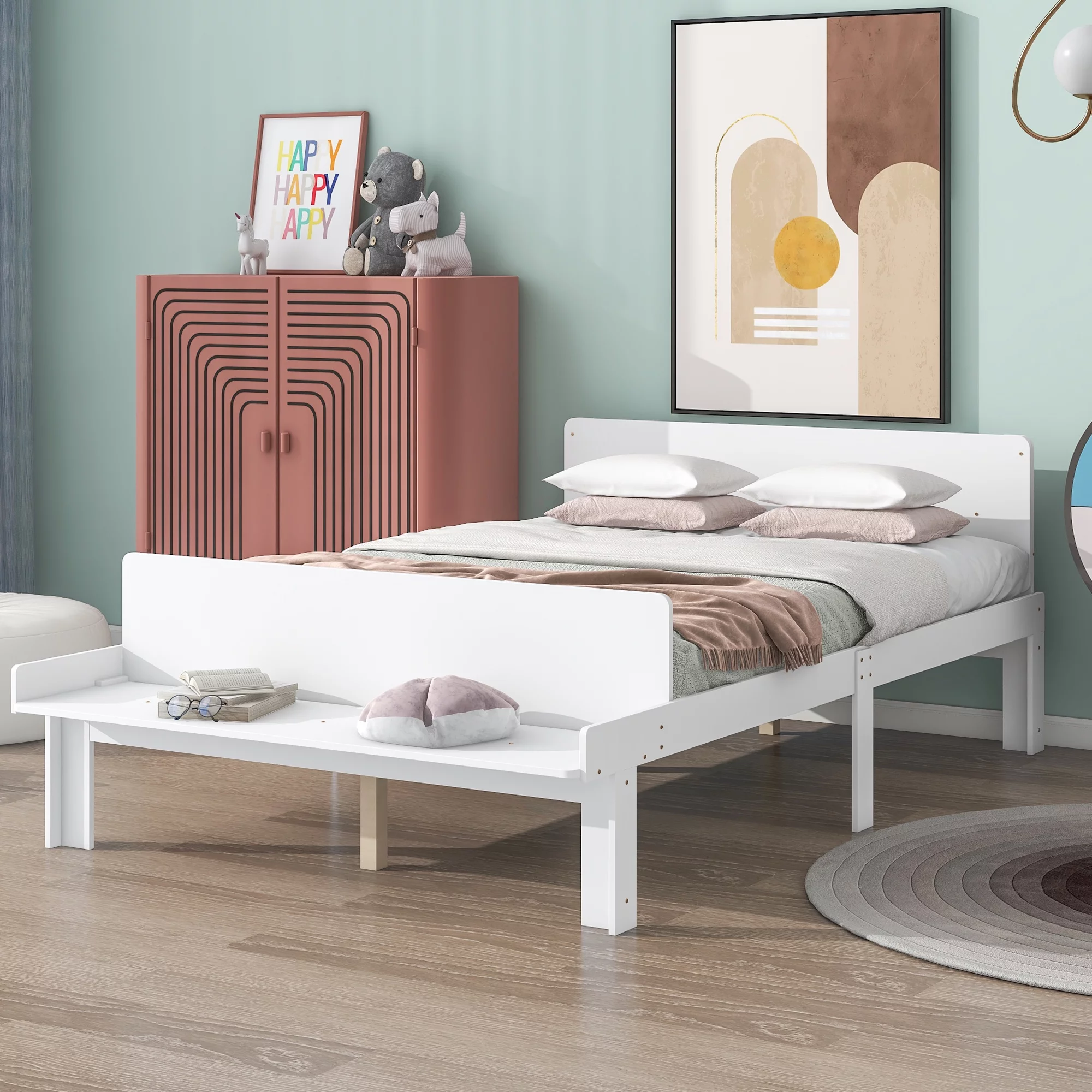 Full Size Bed Frame with Footboard Bench - Stylish Bed Frame with Headboard, Functional Bedroom Furniture-White