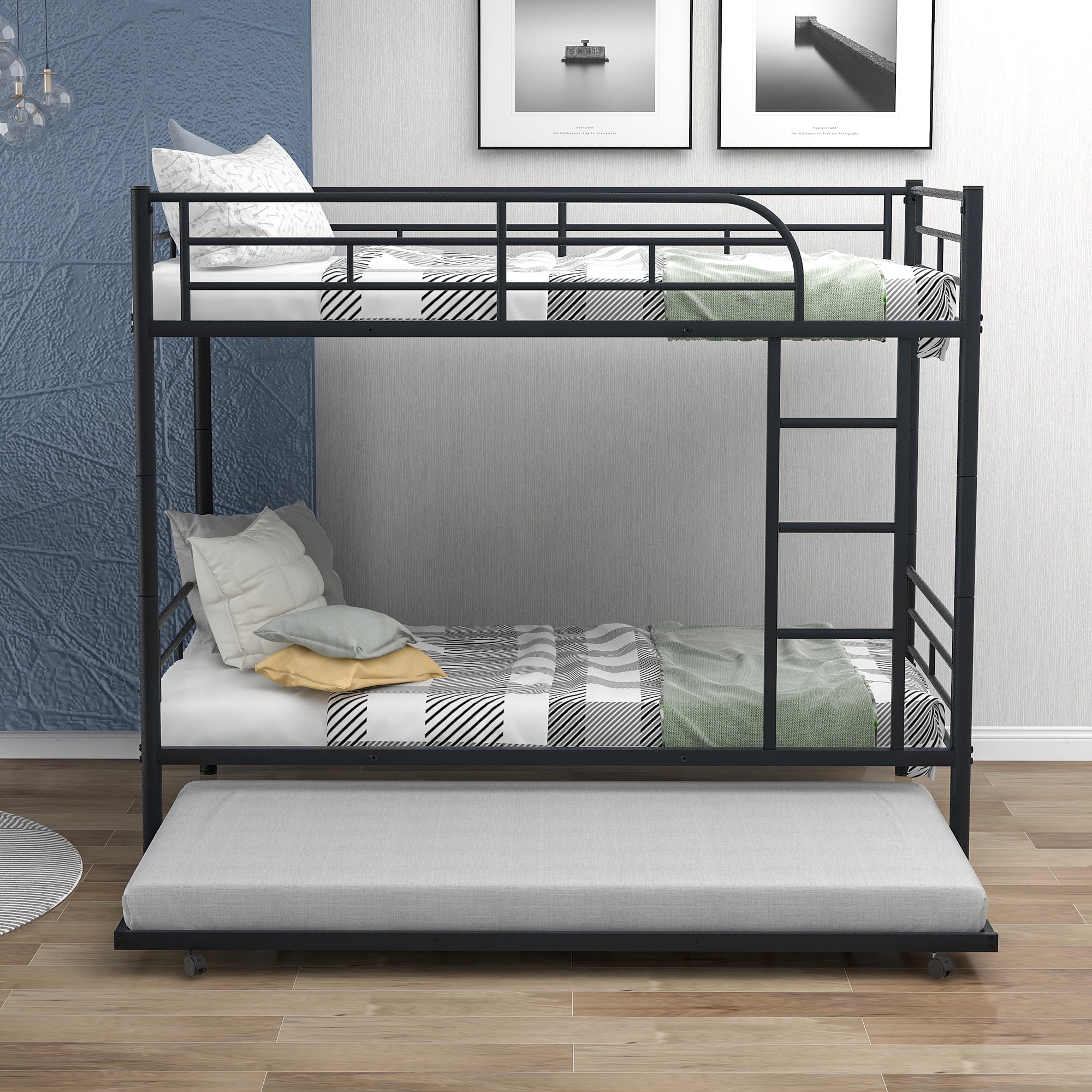KAMIDA Twin Over Twin Metal Bunk Bed with Trundle, Convertible Bunk Bed for Kids, Triple Bunk Bed with Ladder and Safety Fence, Black