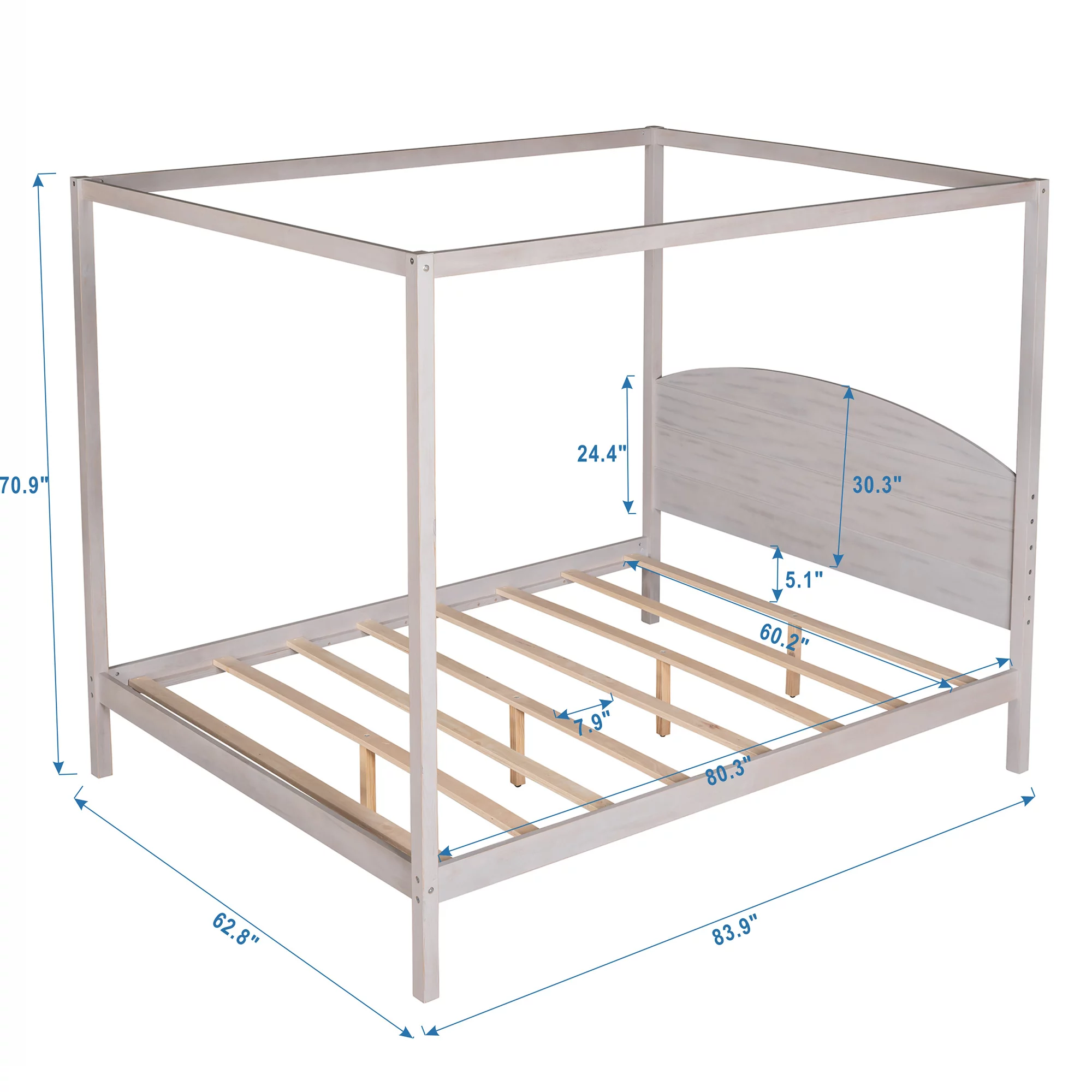 LANTRO JS Queen Size Canopy Platform Bed with Headboard and Support Legs, Grey Wash