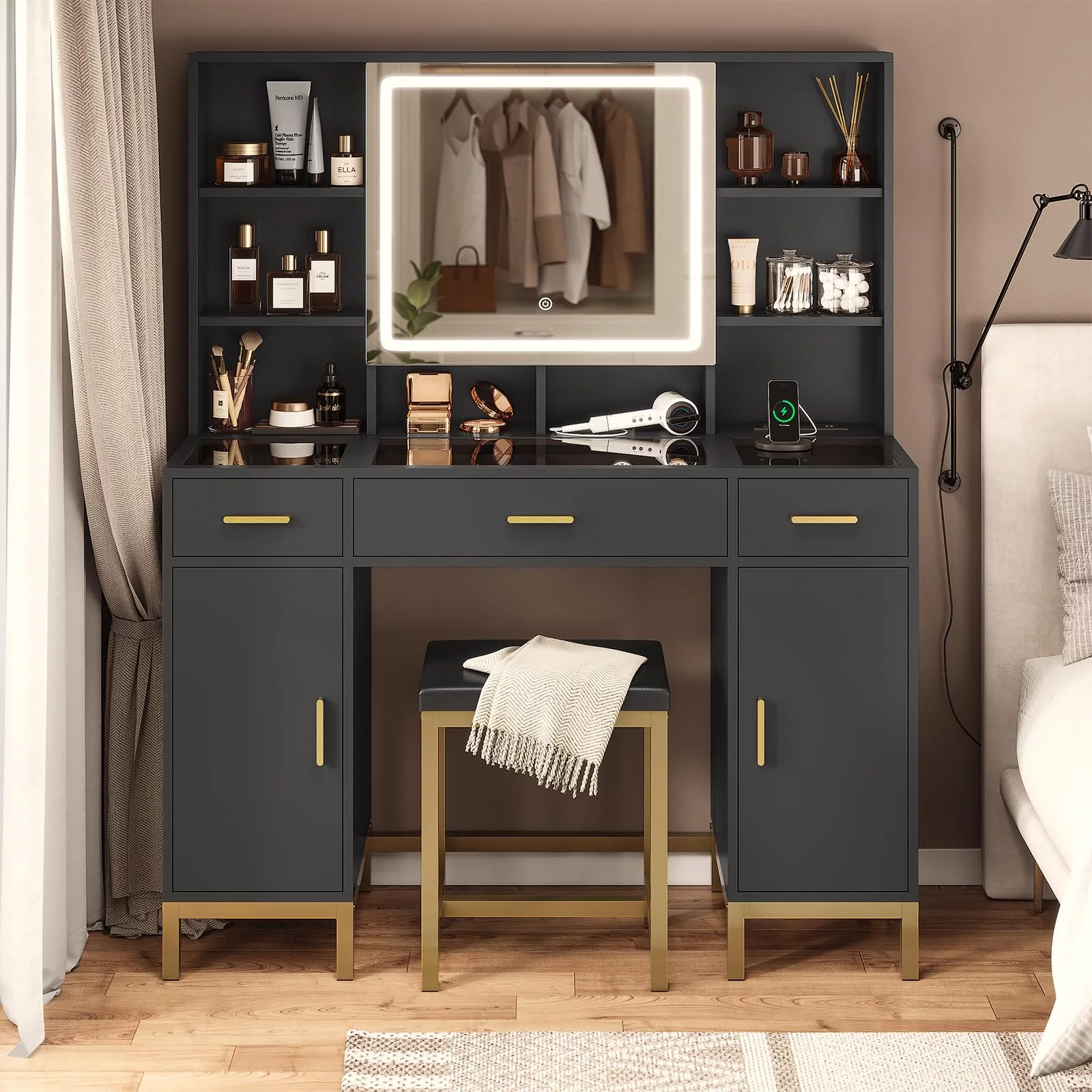 Vanity Desk with Mirror and Charging Station, Makeup Desk with 3 Storage Drawers, Modern Dressing Table with 3 Color Lighting Options, Black