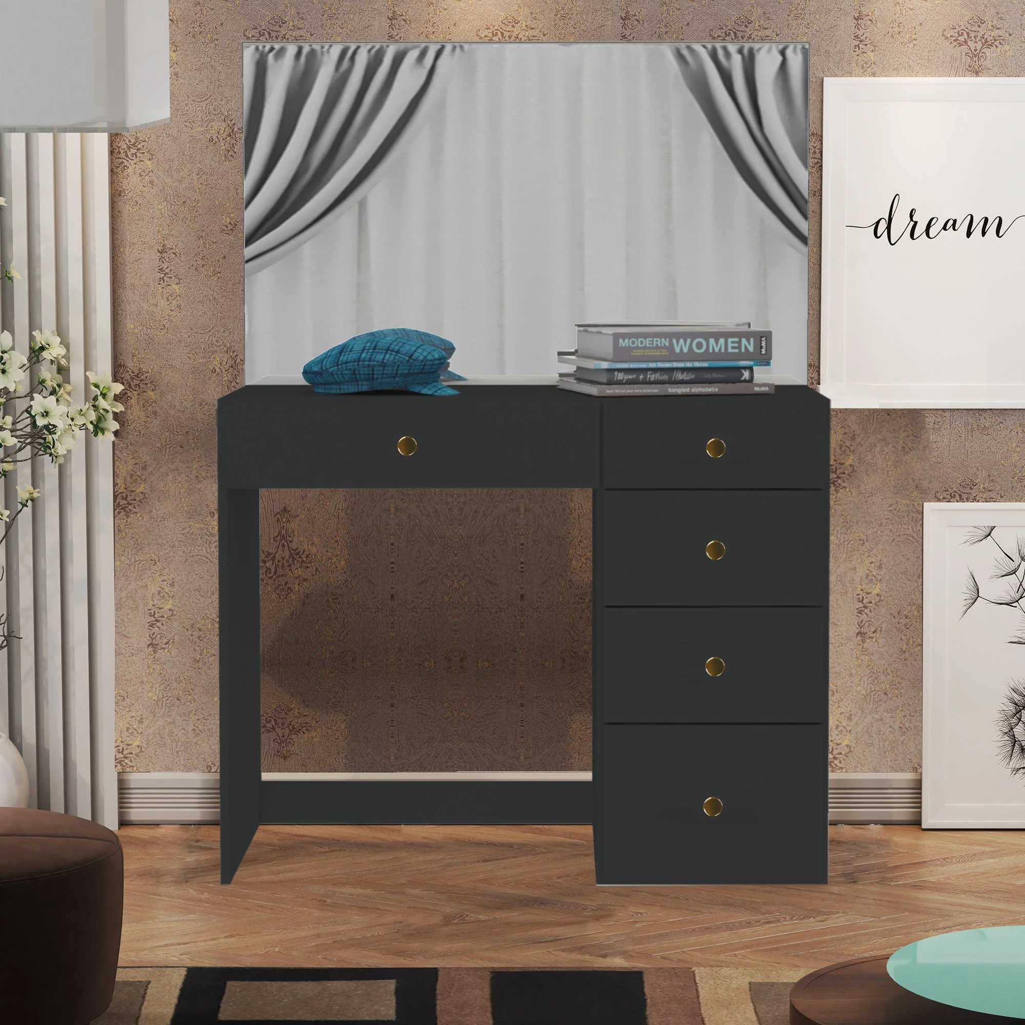 Boahaus Kira PRO Modern Makeup Vanity, 5 Drawers, Mirror, Golden Knobs, Black, for Bedroom