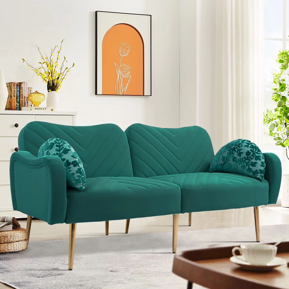 Green Convertible Sofa, Velvet Upholstered Sofa, Sofa Bed Sleeper with 2 Pillows, KAMIDA Sofa Couch, Modern Futon Sofa Bed with Metal Legs, Heavy Duty Sofa Furniture for Living Room Bedroom