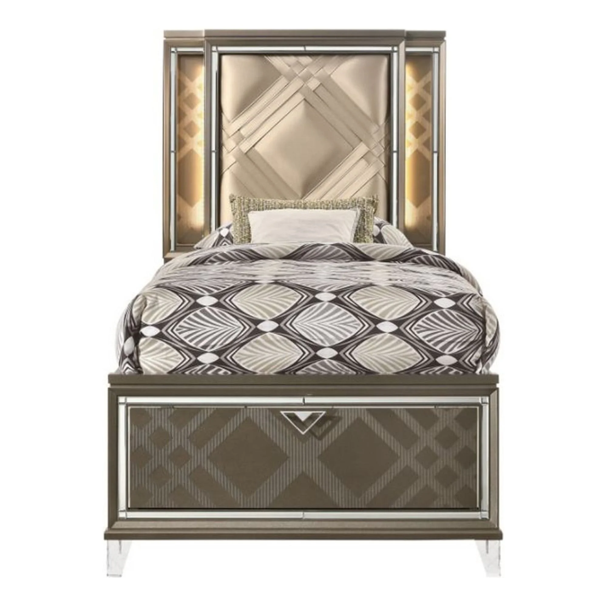 Twin Bed with 1 Drawer and Padded Headboard, Brown