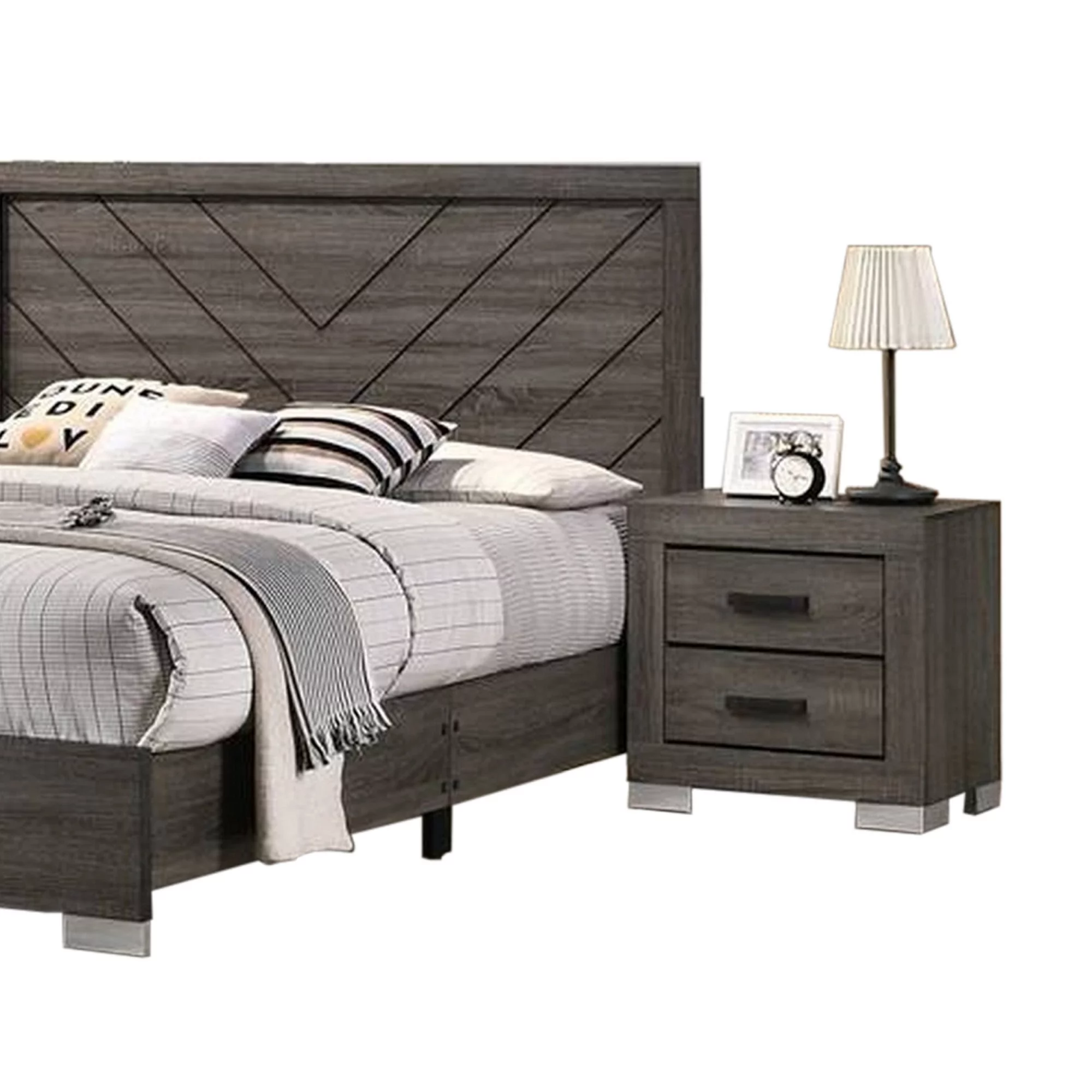 Lola Classic Queen Size Bed, Wood Grain, Strong Block Legs, Taupe Brown
